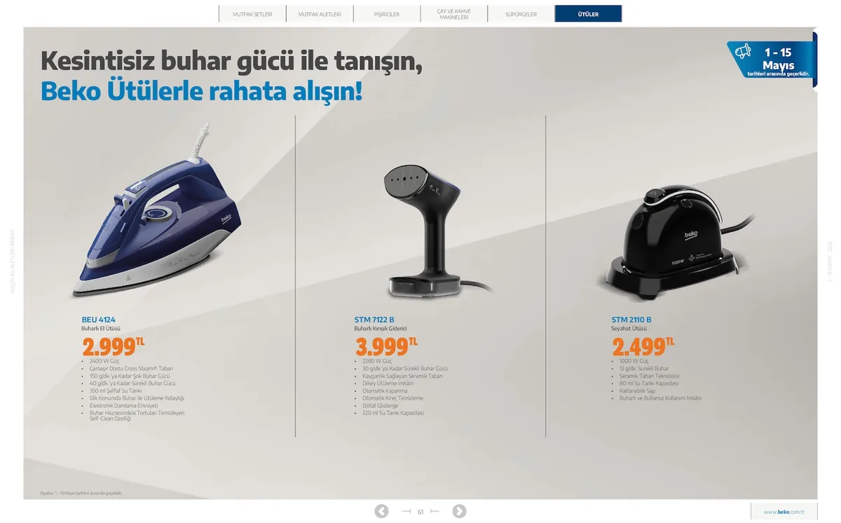 Beko Market Katalog sayfa 61: Beko Stm 2110 B Seyahat Ütüsü, Beko Beu 4124 Buharlı El Ütüsü