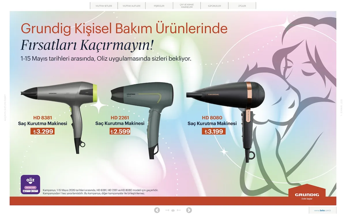 Beko Market Katalog sayfa 69: Grundig Hd 8381 Saç Kurutma Makinesi 1 Adet, Grundig Hd 2261 Saç Kurutma Makinesi 1 Adet