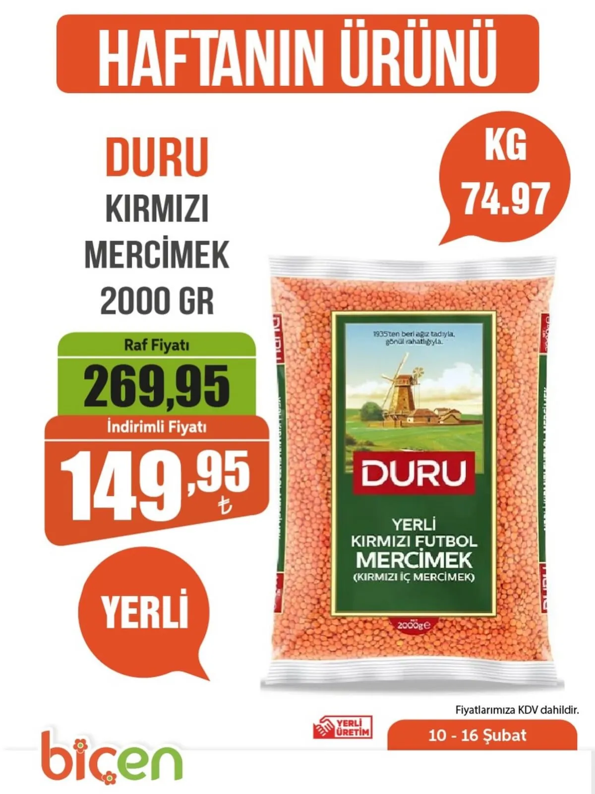 Biçen Biçen Market 10 Şubat 2026 Aktüel Kataloğu sayfa 1: Duru Kırmızı Futbol Mercimek 2000 Gr, Duru Kırmızı Mercimek 2000 Gr