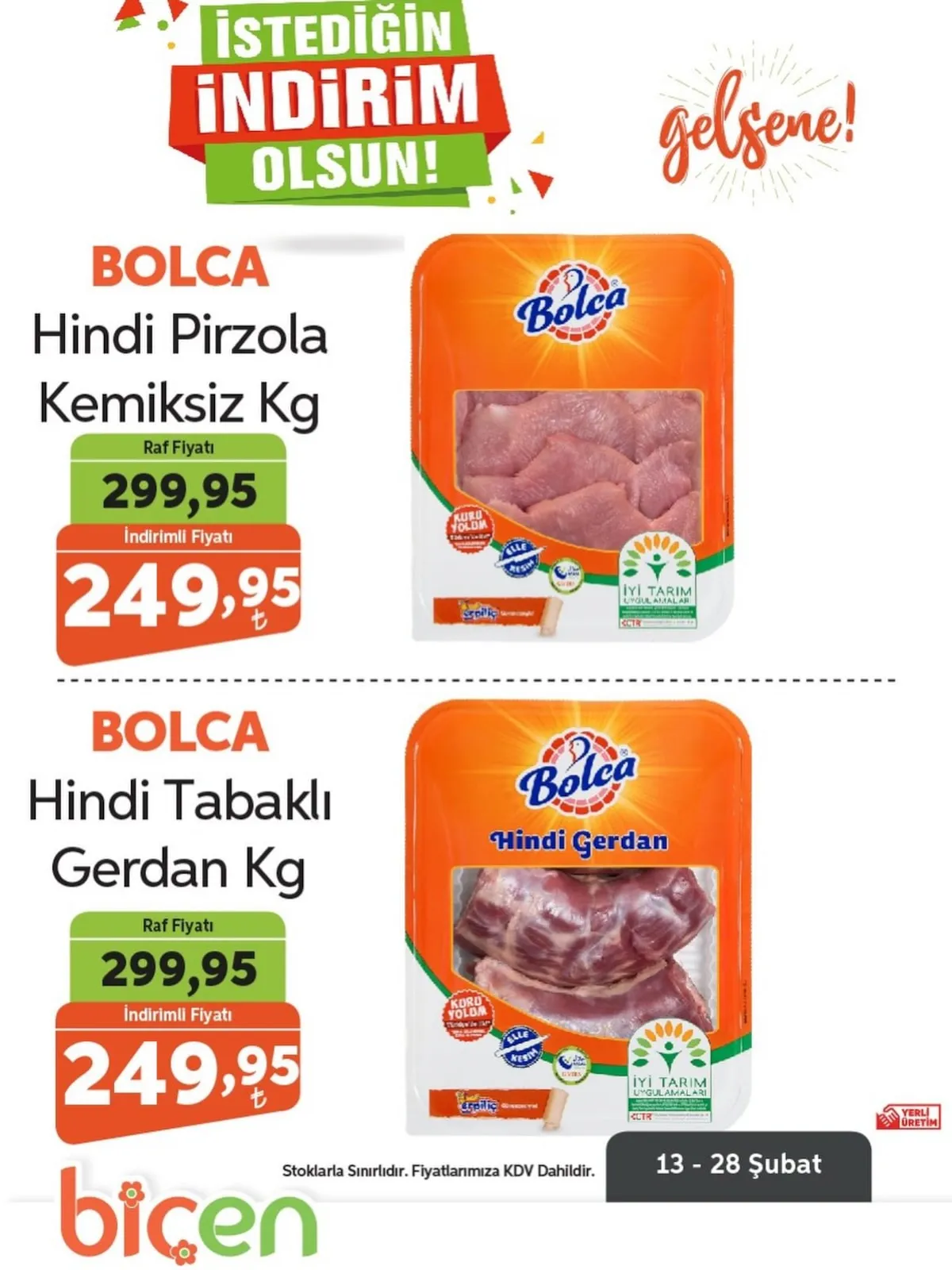 Biçen Biçen Market 13 Şubat 2026 Aktüel Kataloğu sayfa 7: Bolca Hindi Tabaklı Gerdan Kg, Bolca Hindi Pirzola Kemiksiz Kg
