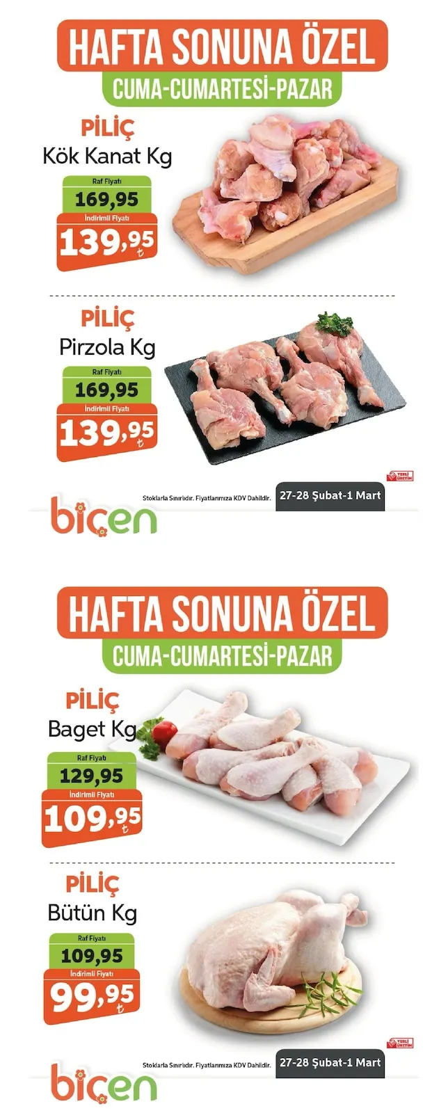 Biçen Biçen Market 27 Şubat 2026 Aktüel Kataloğu sayfa 3: Piliç Pirzola Kg, Piliç Baget Kg