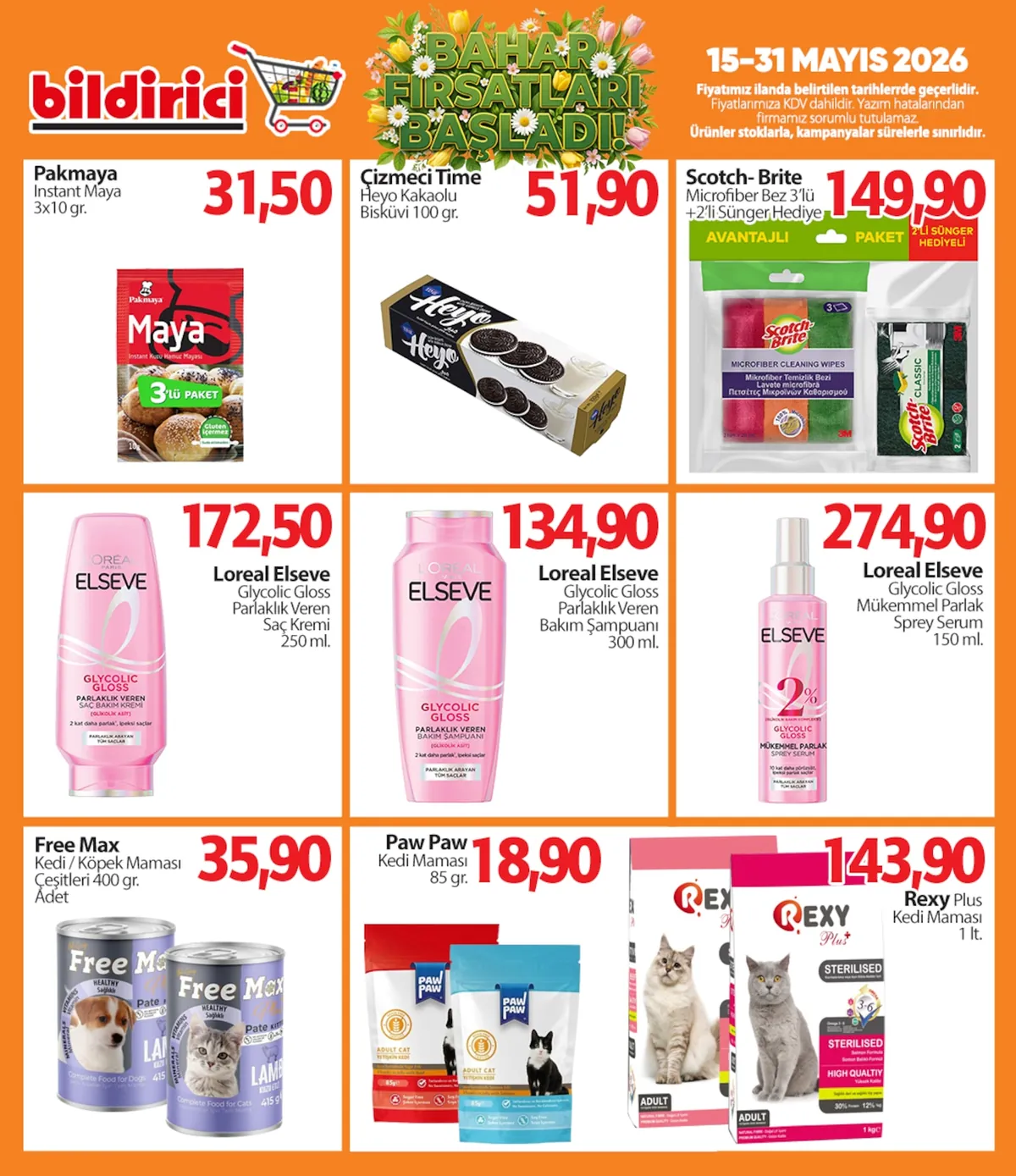Bildirici Bildirici 15 Mayıs 2026 Aktüel Kataloğu sayfa 1: Elseve Glycolic Gloss Parlaklık Veren Saç Bakım Kremi 250 Ml, Free Max Kedi / Köpek Maması Çeşitleri 400 Gr