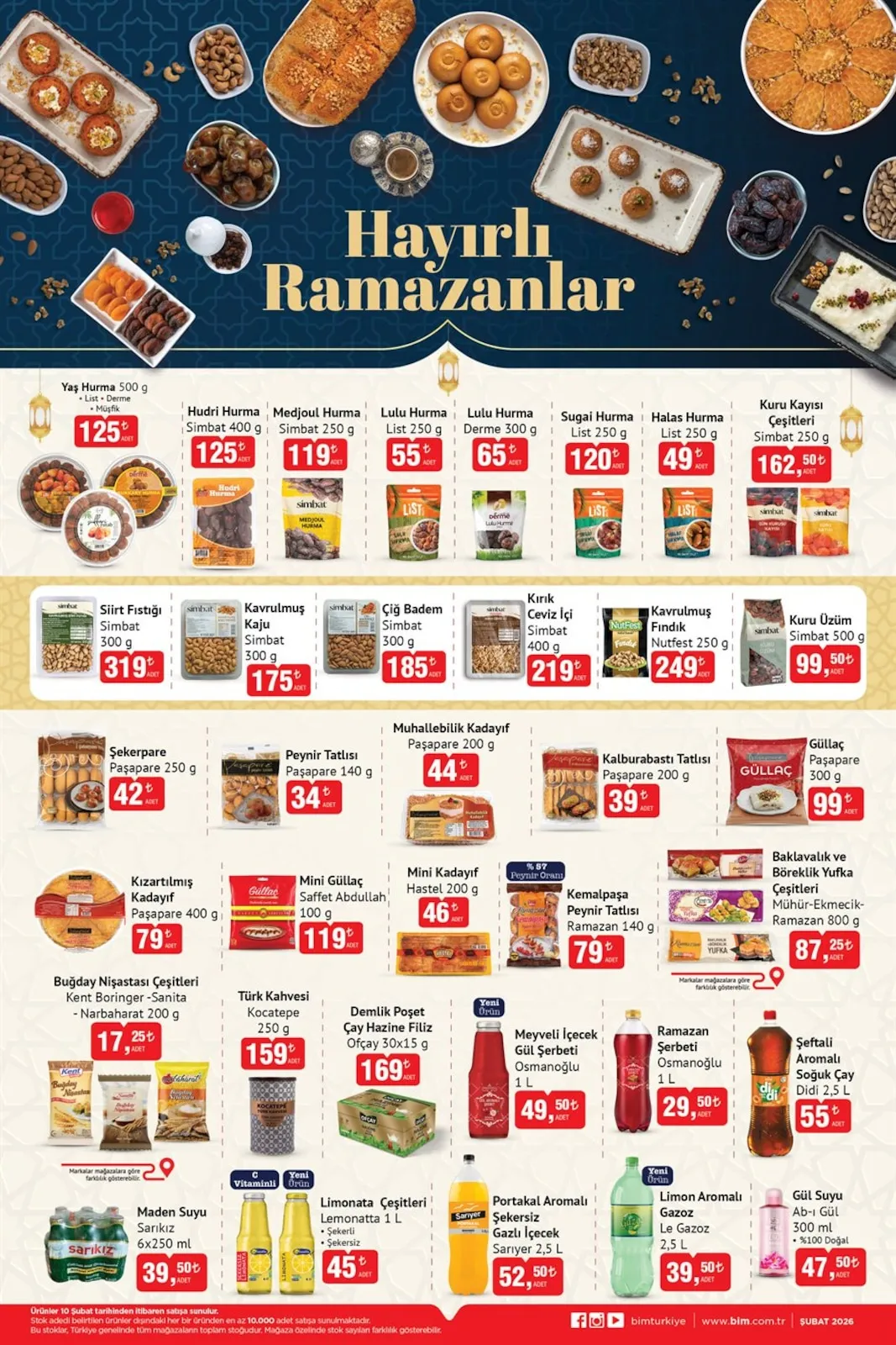 BİM Bim 10 Şubat 2026 Aktüel Kataloğu sayfa 1: Baklavalık Ve Böreklik Yufka Çeşitleri Mühür-Ekmekcik-Ramazan 800 G, Meyveli İçecek Gül Şerbeti Osmanoğlu 1 L