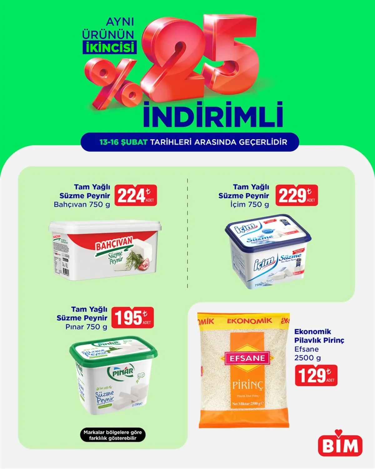 BİM Bim 13 Şubat 2026 Aktüel Kataloğu sayfa 6: Ekonomik Pilavlık Pirinç Efsane 2500 G, Tam Yağlı Süzme Peynir İçim 750 G