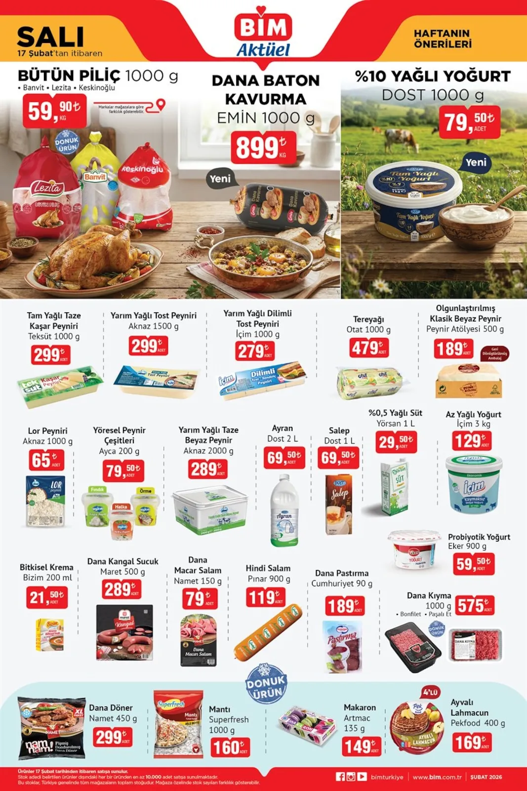BİM Bim 17 Şubat 2026 Aktüel Kataloğu sayfa 3: %10 Yağlı Yoğurt Dost 1000 G, Yarım Yağlı Dilimli Tost Peyniri İçim 1000 G
