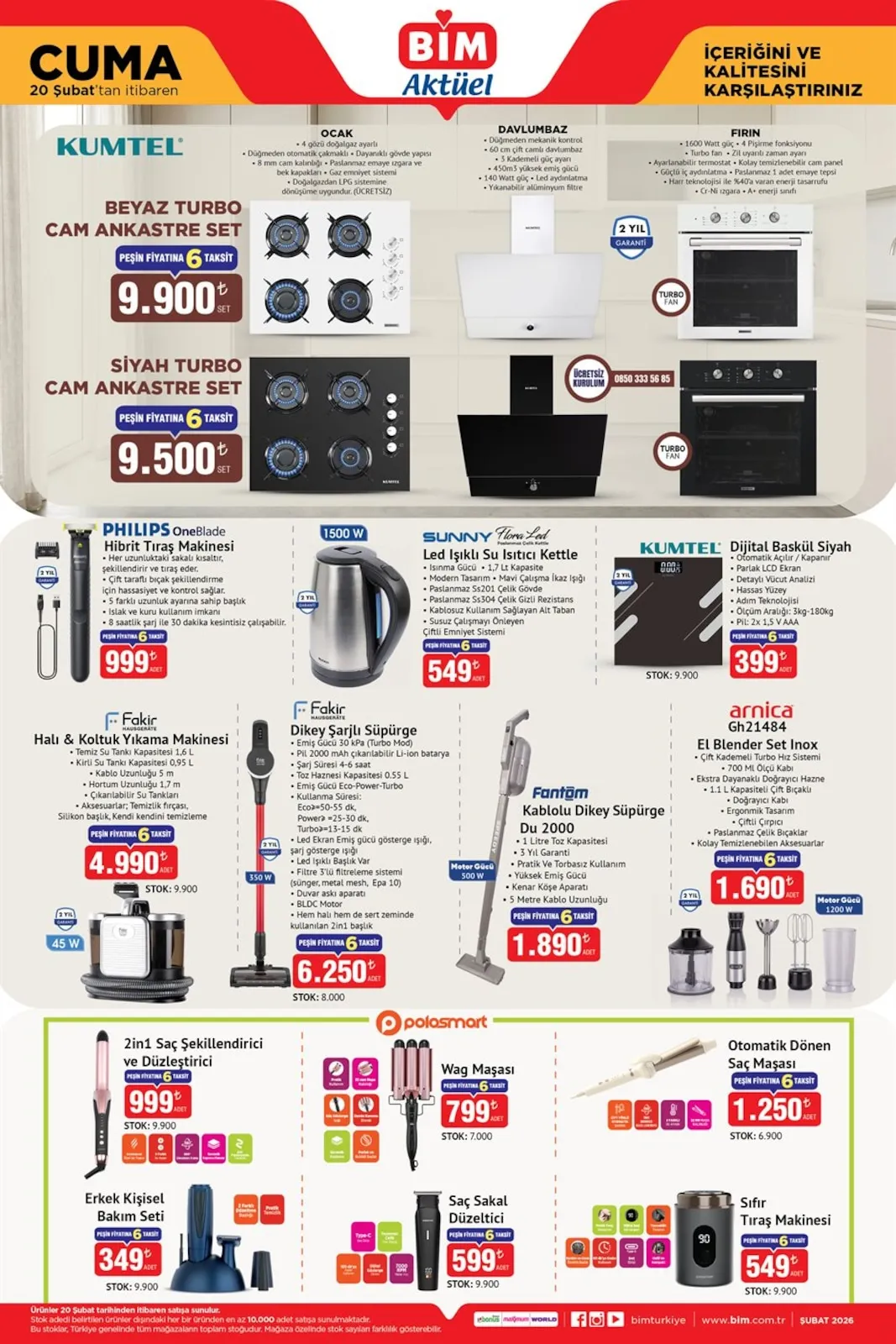 BİM Bim 20 Şubat 2026 Aktüel Kataloğu sayfa 2: Arnica Gh21484 El Blender Set Inox, Fakir Halı & Koltuk Yıkama Makinesi