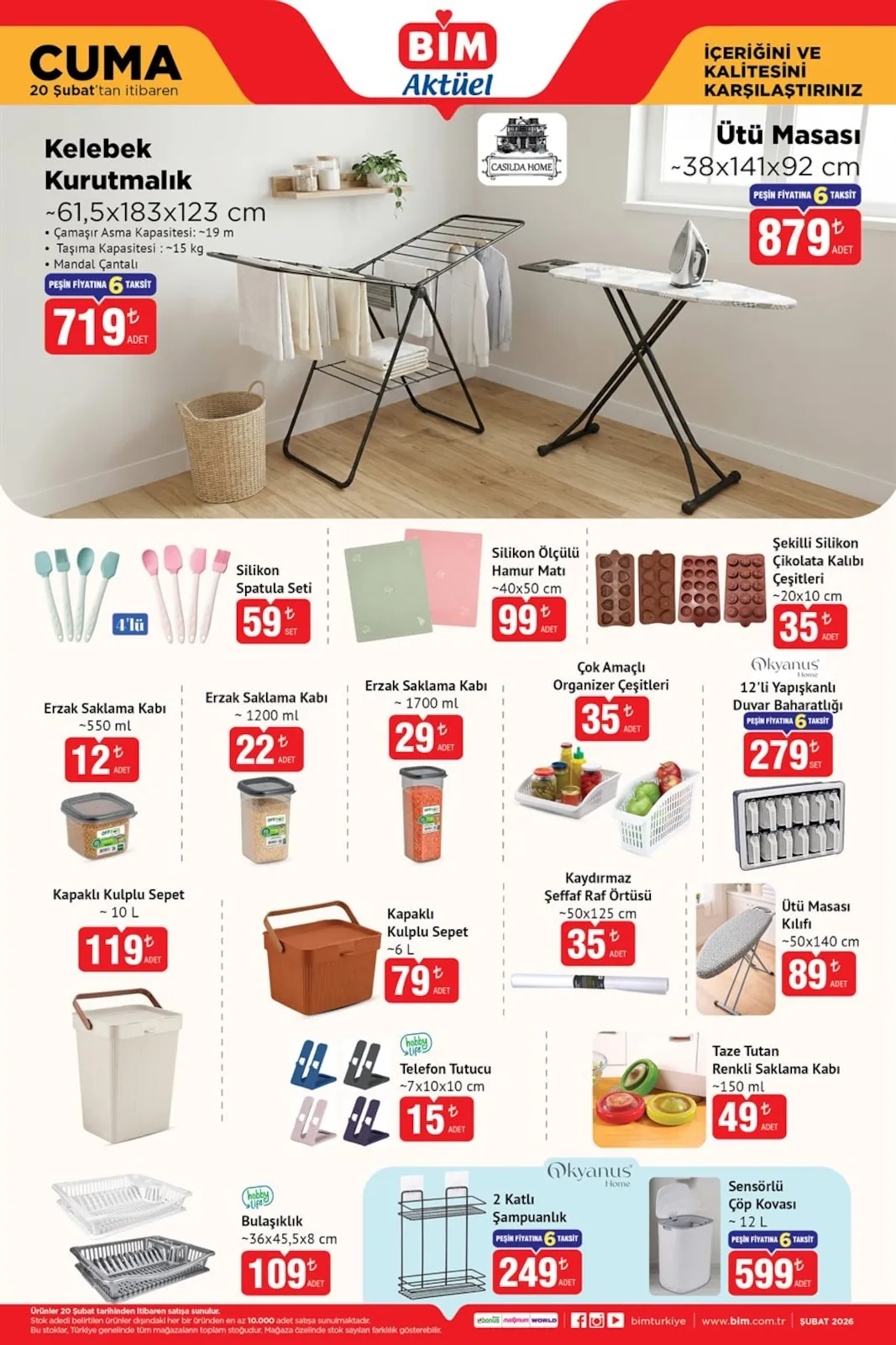 BİM Bim 20 Şubat 2026 Aktüel Kataloğu sayfa 4: Silikon Ölçülü Hamur Matı ~40X50 Cm, Çok Amaçlı Organizer Çeşitleri