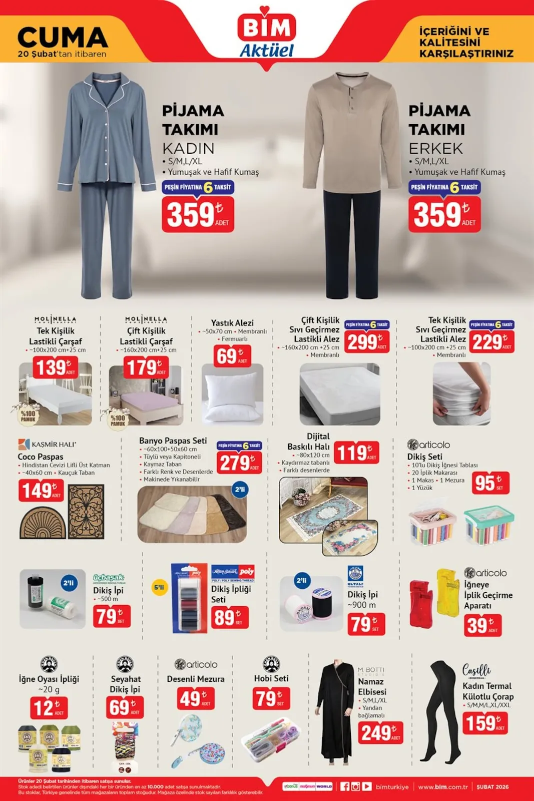 Bim Bim 20 Şubat 2026 Aktüel Kataloğu sayfa 5: Articolo Dikiş Seti, Tek Kişilik Sıvı Geçirmez Lastikli Alez 100X200 Cm +25 Cm