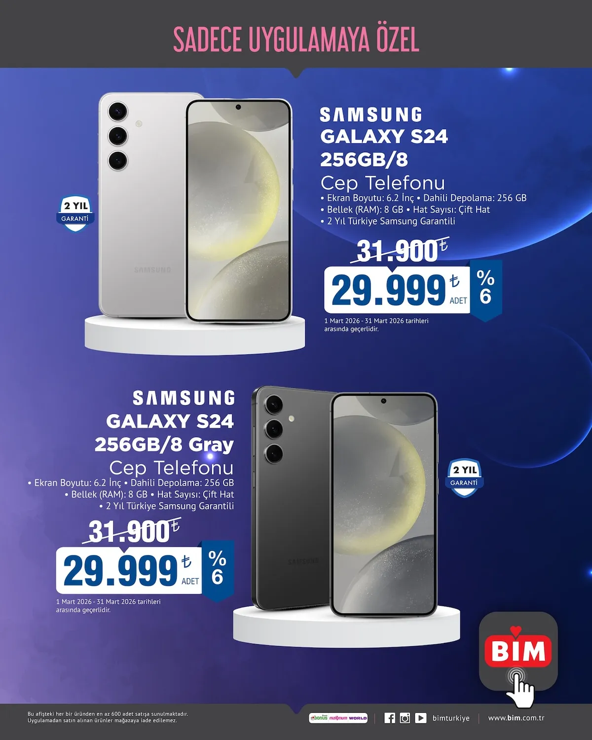 BİM Bim 1 Mart 2026 Aktüel Kataloğu sayfa 1: Samsung Galaxy S24 256Gb/8 Cep Telefonu