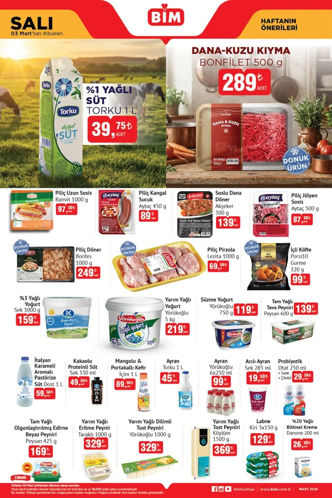 BİM Bim 3 Mart 2026 Aktüel Kataloğu sayfa 1: Dana-Kuzu Kıyma Bonfilet 500 G, Torku %1 Yağlı Süt 1 L