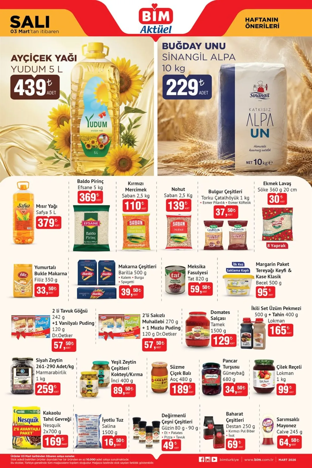 BİM Bim 3 Mart 2026 Aktüel Kataloğu sayfa 2: Yudum Ayçiçek Yağı 5 L, Nesquik Kakaolu Tahıl Gevreği 2X700 G