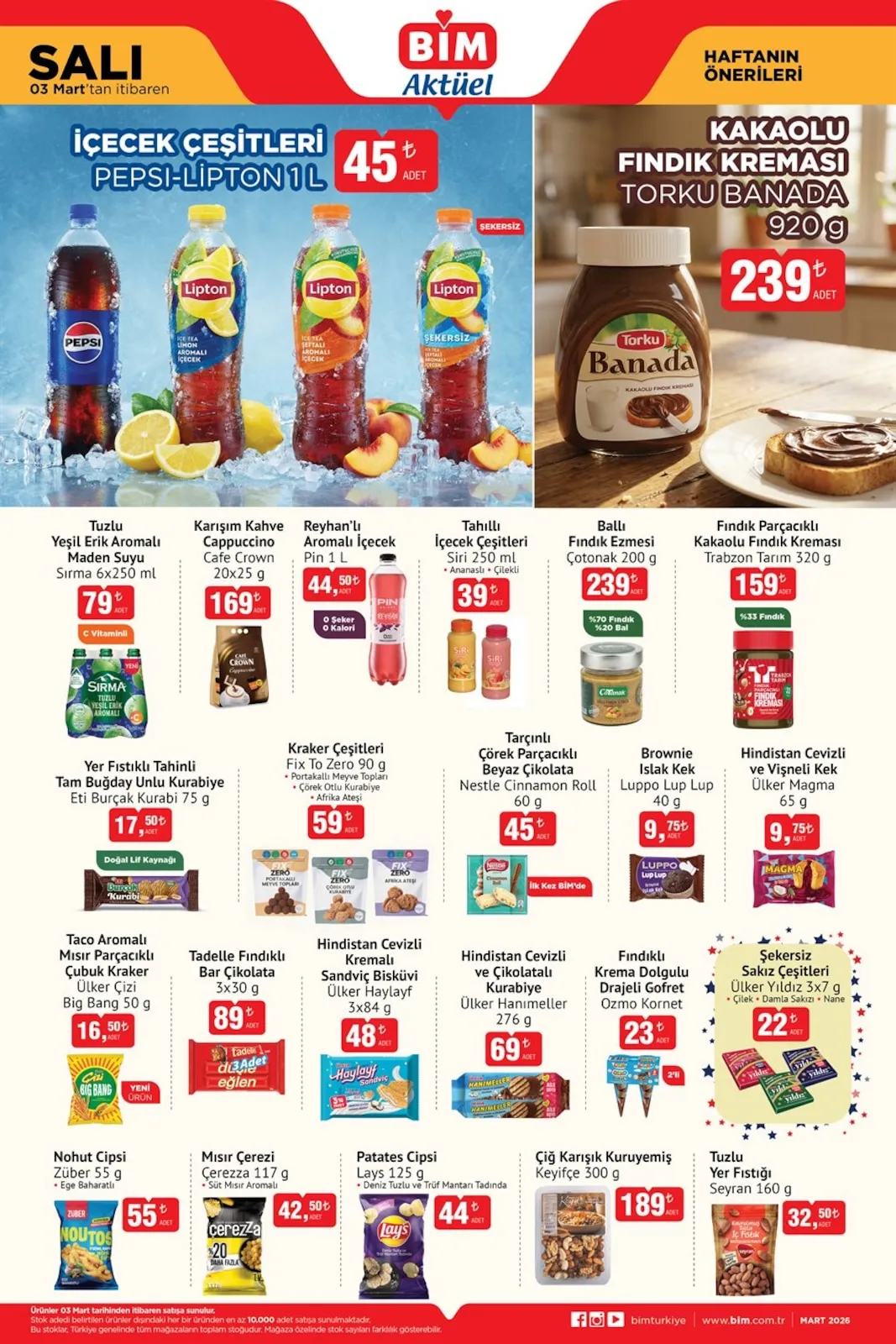 BİM Bim 3 Mart 2026 Aktüel Kataloğu sayfa 3: Torku Banada Kakaolu Fındık Kreması 920 G, Ülker Yıldız Şekersiz Sakız Çeşitleri 3X7 G