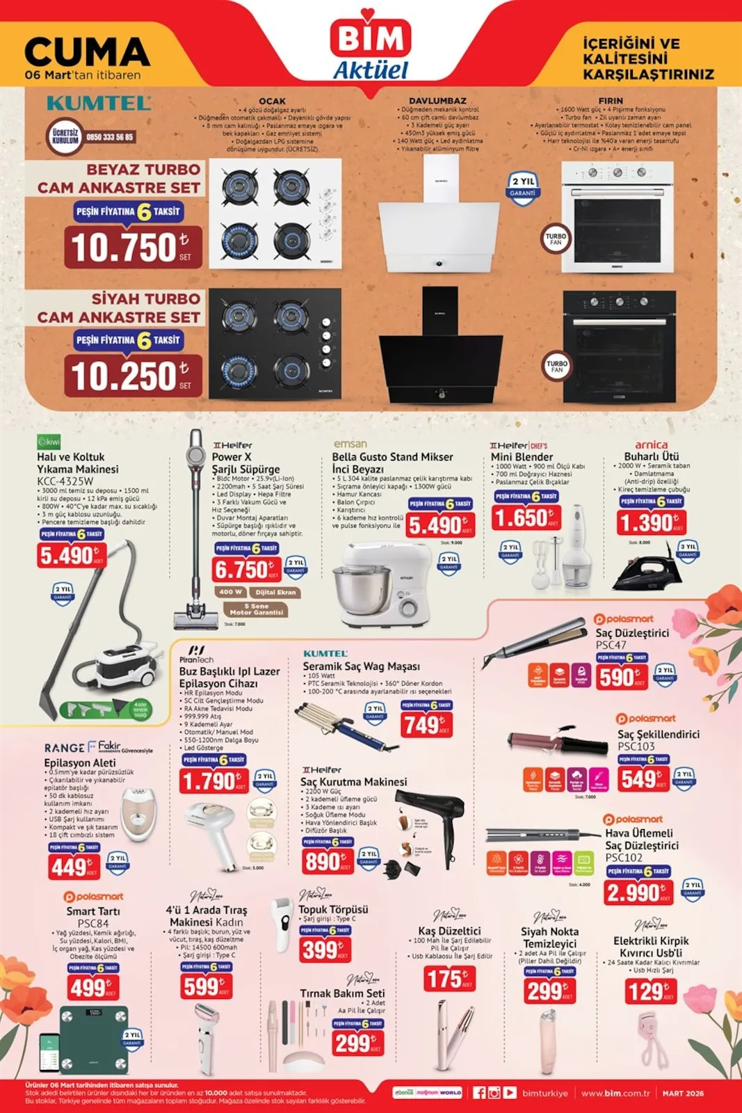 BİM Bim 6 Mart 2026 Aktüel Kataloğu sayfa 1: Kumtel Beyaz Turbo Cam Ankastre Set, Emsan Bella Gusto Stand Mikser İnci Beyazı