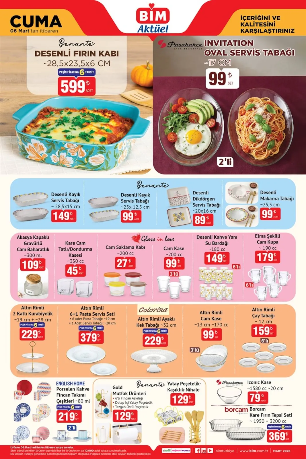 BİM Bim 6 Mart 2026 Aktüel Kataloğu sayfa 2: Altın Rimli 6+1 Pasta Servis Seti, Colorina Altın Rimli Ayaklı Kek Tabağı ~32 Cm