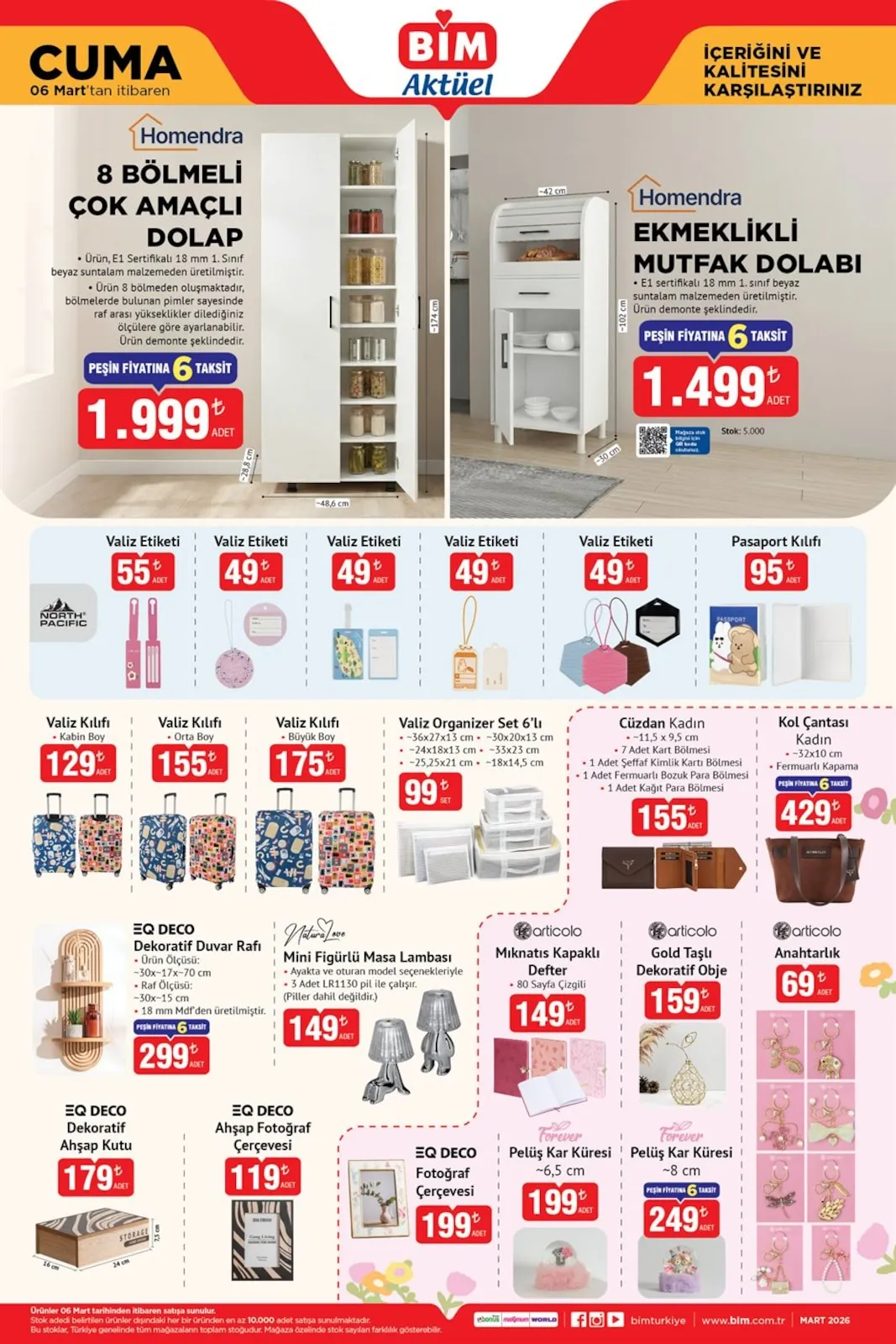 BİM Bim 6 Mart 2026 Aktüel Kataloğu sayfa 4: Homendra 8 Bölmeli Çok Amaçlı Dolap, Forever Peluş Kar Küresi ~6,5 Cm