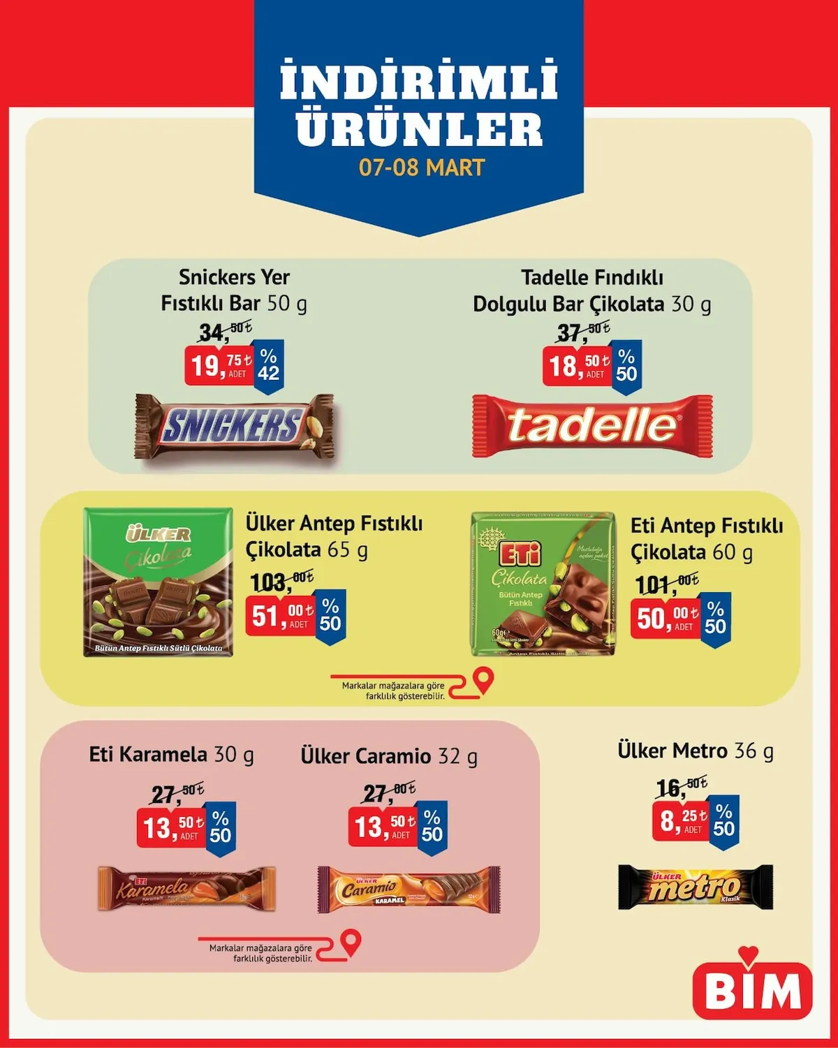 BİM Bim 7 Mart 2026 Aktüel Kataloğu sayfa 1: Ülker Antep Fıstıklı Çikolata 65 G, Eti Karamela 30 G
