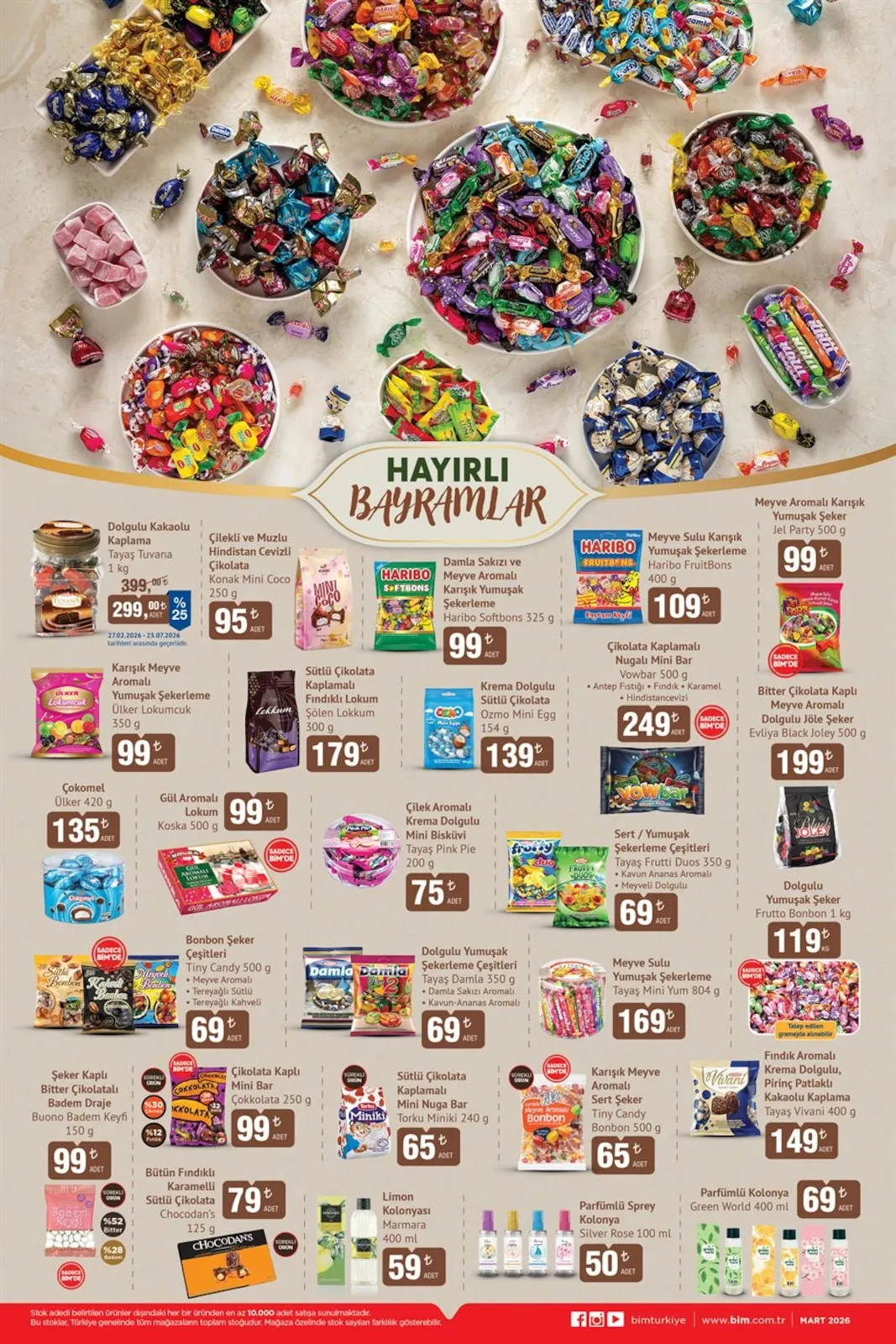 BİM Bim 9 Mart 2026 Aktüel Kataloğu sayfa 2: Sütlü Çikolata Kaplamali Findikli Lokum Şölen Lokkum 300 G, Çikolata Kaplamali Nugali Mini Bar Vowbar 500 G