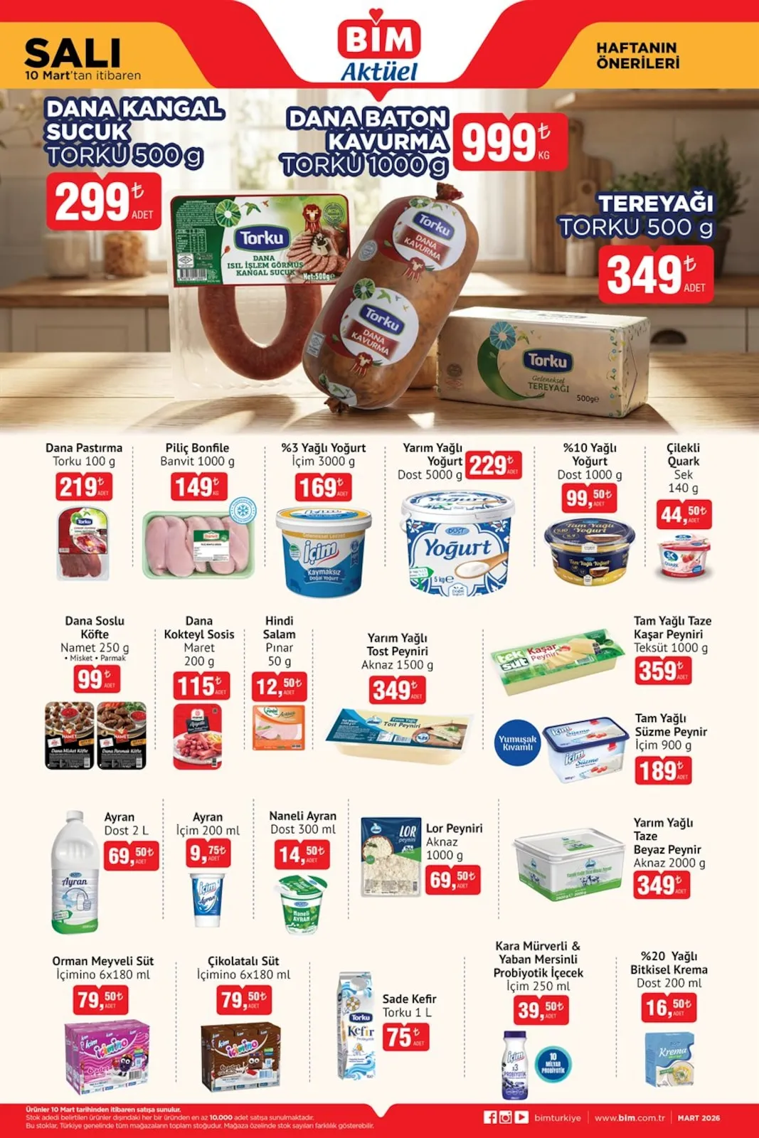 BİM Bim 10 Mart 2026 Aktüel Kataloğu sayfa 1: İçimino Çikolatalı Süt 6X180 Ml, İçim Kara Mürverli & Yaban Mersinli Probiyotik İçecek 250 Ml