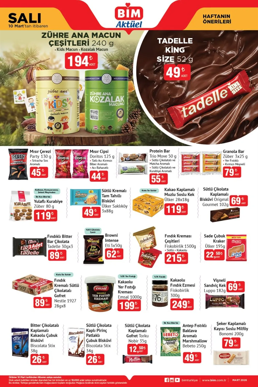 BİM Bim 10 Mart 2026 Aktüel Kataloğu sayfa 2: Sütlü Kremalı Tam Tahıllı Bisküvi Ülker Saklıköy 3X88G, Mısır Çerezi Party 130 G