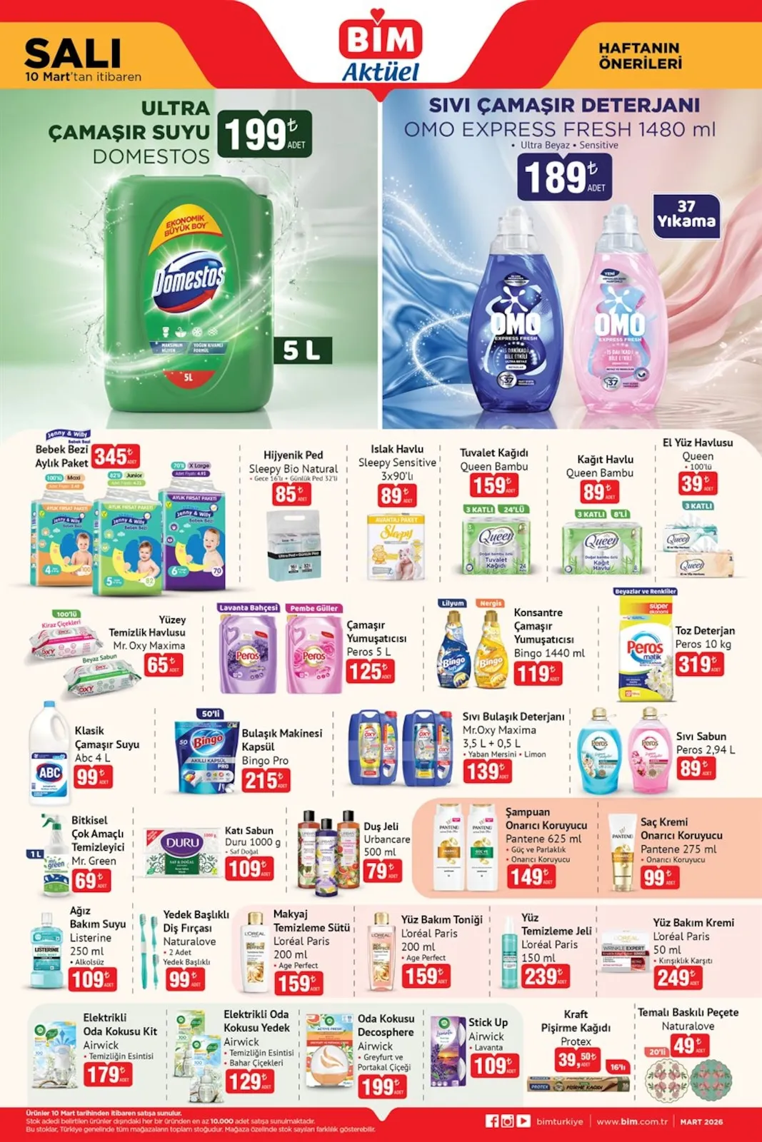 BİM Bim 10 Mart 2026 Aktüel Kataloğu sayfa 3: Omo Express Fresh Sıvı Çamaşır Deterjanı 1480 Ml, Jenny & Willy Bebek Bezi Aylık Paket