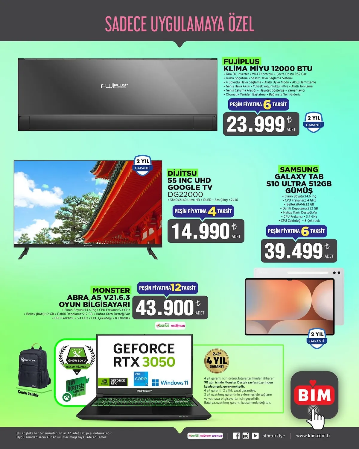 BİM Bim 12 Mart 2026 Aktüel Kataloğu sayfa 1: Dijitsu 55 Inç Uhd Google Tv, Fujıplus Klima Miyu 12000 Btu