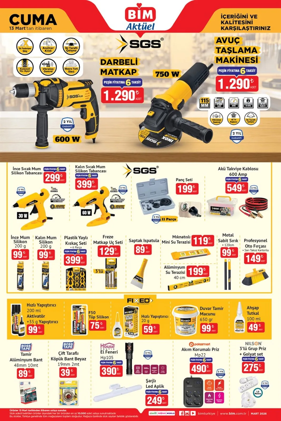 BİM Bim 13 Mart 2026 Aktüel Kataloğu sayfa 1: Sgs Akü Takviye Kablosu 600 Amp, İnce Sıcak Mum Silikon Tabancası
