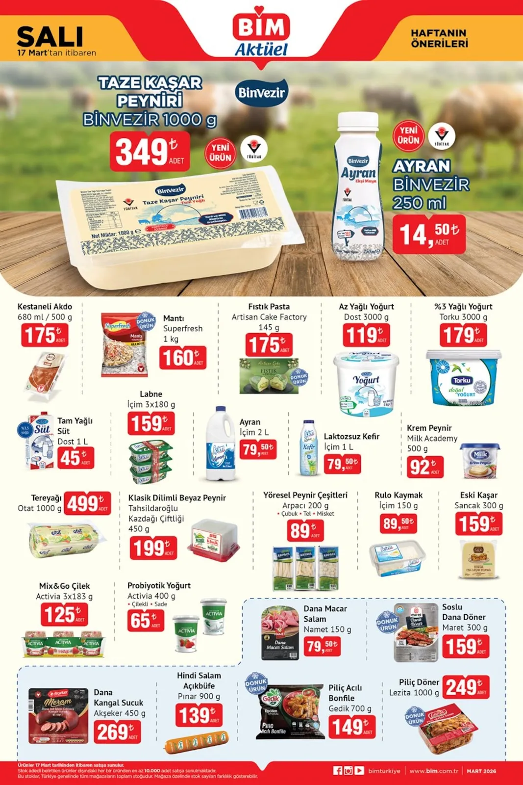 BİM Bim 17 Mart 2026 Aktüel Kataloğu sayfa 1: Fıstık Pasta Artisan Cake Factory 145 G, Rulo Kaymak Içim 150 G