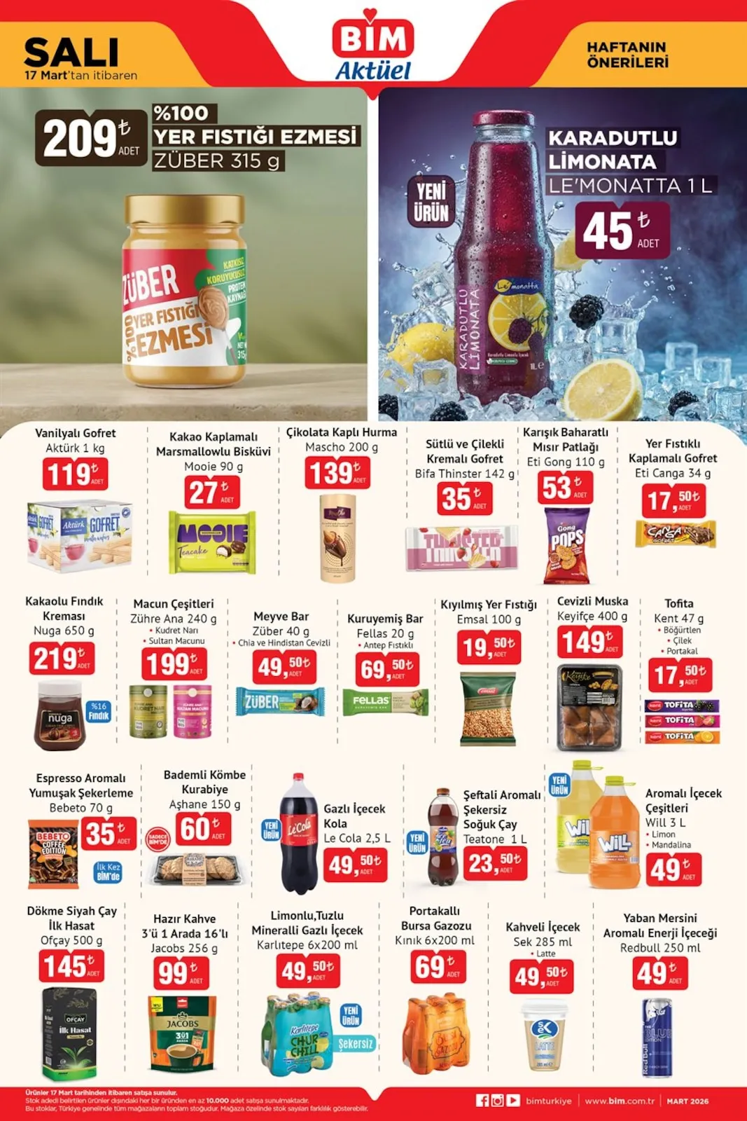 BİM Bim 17 Mart 2026 Aktüel Kataloğu sayfa 2: Will 3 L Aromalı İçecek Çeşitleri, Züber %100 Yer Fıstığı Ezmesi 315 G