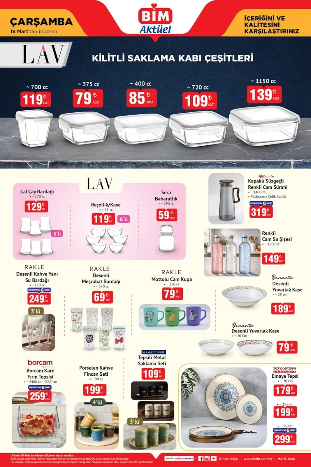 Bim Bim 18 Mart 2026 Aktüel Kataloğu sayfa 3: Borcam Kare Fırın Tepsisi, Rakle Mottolu Cam Kupa