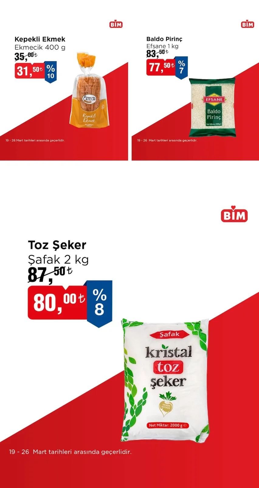 BİM Bim 19 Mart 2026 Aktüel Kataloğu sayfa 2: Kepekli Ekmek Ekmecik 400 G, Baldo Pirinç Efsane 1 Kg