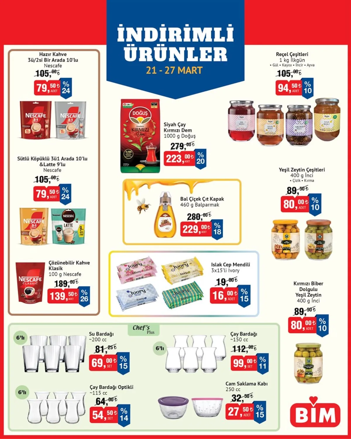 BİM Bim 21 Mart 2026 Aktüel Kataloğu sayfa 1: İlkün Reçel Çeşitleri 1 Kg, Nescafe Sütlü Köpüklü 3Ü1 Arada 10'Lu &Latte 9'Lu