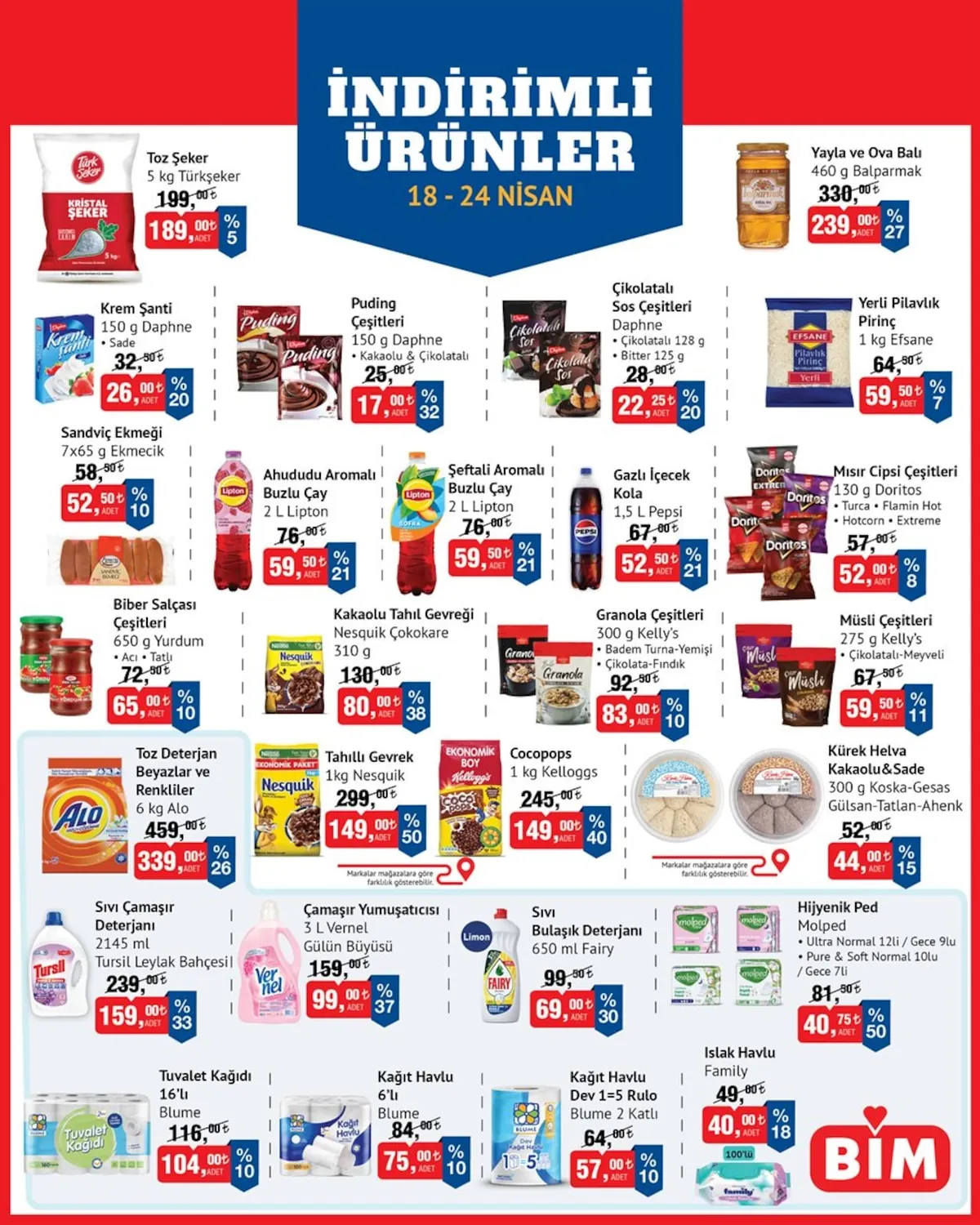 Bim Bim 18 Nisan 2026 Aktüel Kataloğu sayfa 1: Molped Hijyenik Ped, Lipton Ahududu Aromalı Buzlu Çay 2 L