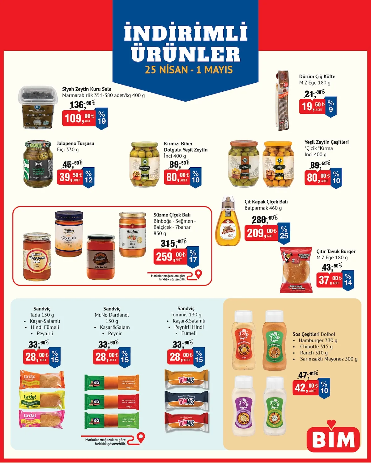 BİM Bim 25 Nisan 2026 Aktüel Kataloğu sayfa 2: Sandviç Kaşar-Salamlı Hindi Fümemi Peynirli 130G, Sandviç Kaşar & Salam Peynir 130G