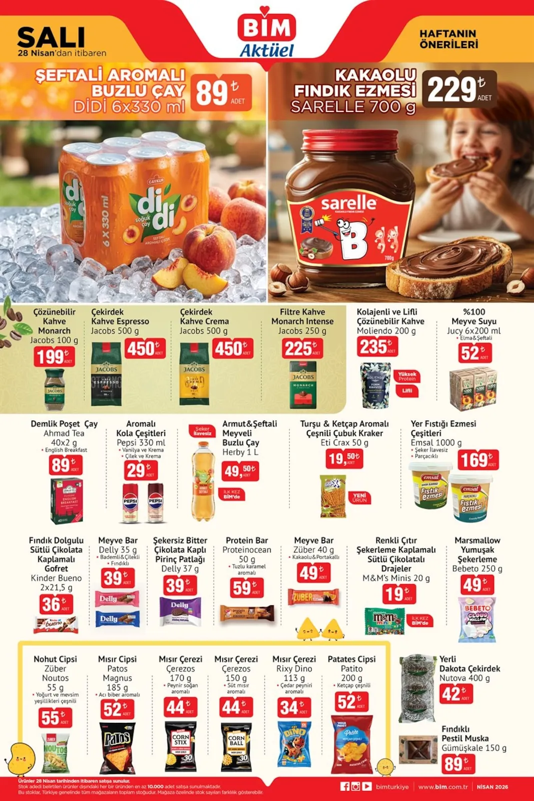 Bim Bim 28 Nisan 2026 Aktüel Kataloğu sayfa 2: Kakaolu Fındık Ezmesi Sarelle 700 G, Turşu & Ketçap Aromalı Çeşnili Çubuk Kraker Eti Crax 50 G