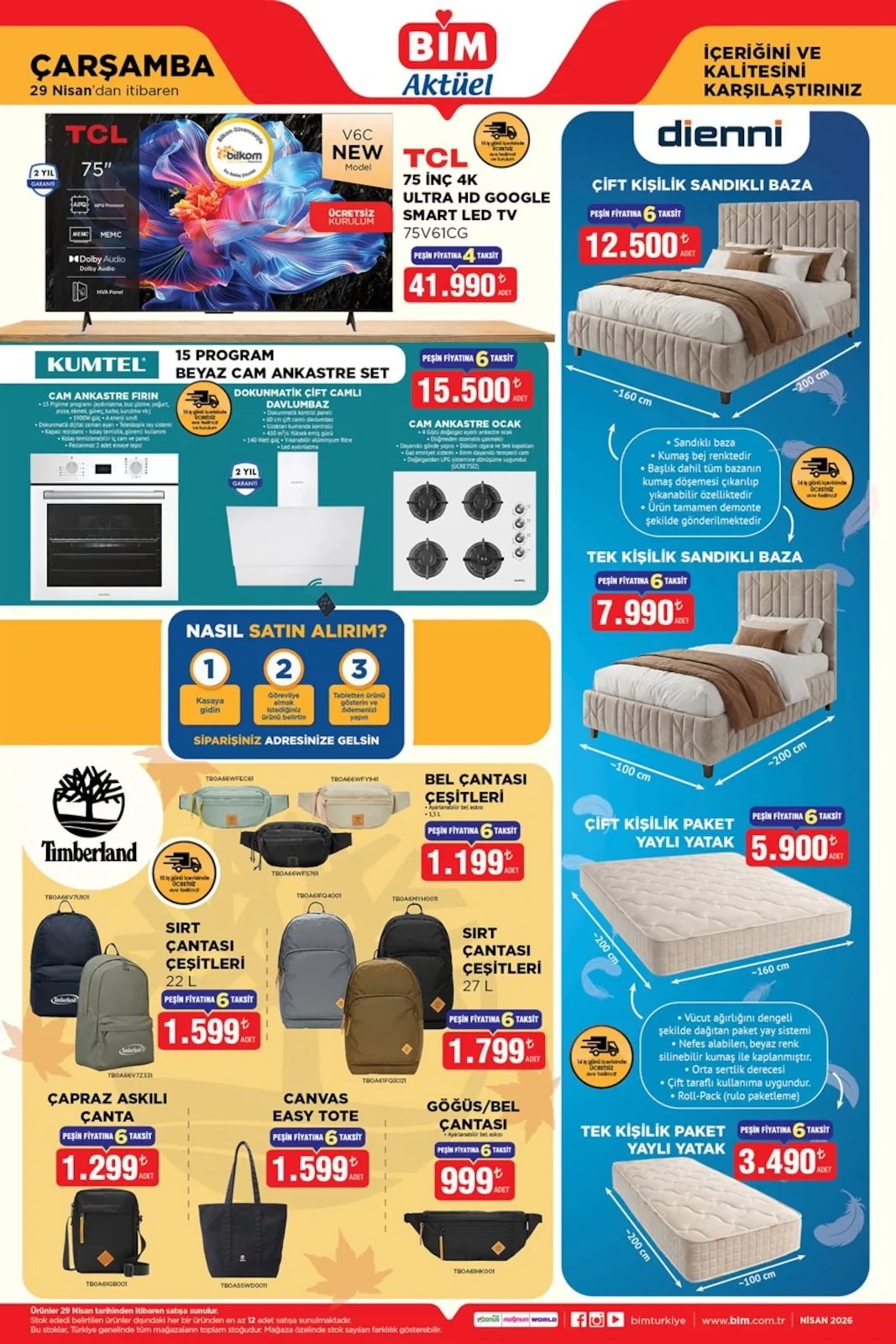 Bim Bim 29 Nisan 2026 Aktüel Kataloğu sayfa 1: Kumtel 15 Program Beyaz Cam Ankastre Set, Sırt Çantası Çeşitleri 22 L