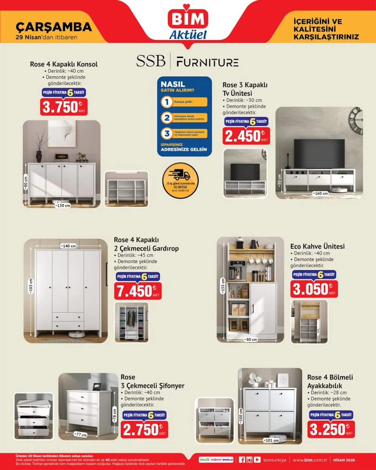 Bim Bim 29 Nisan 2026 Aktüel Kataloğu sayfa 2: Rose 4 Kapaklı Konsol, Rose 3 Kapaklı Tv Ünitesi