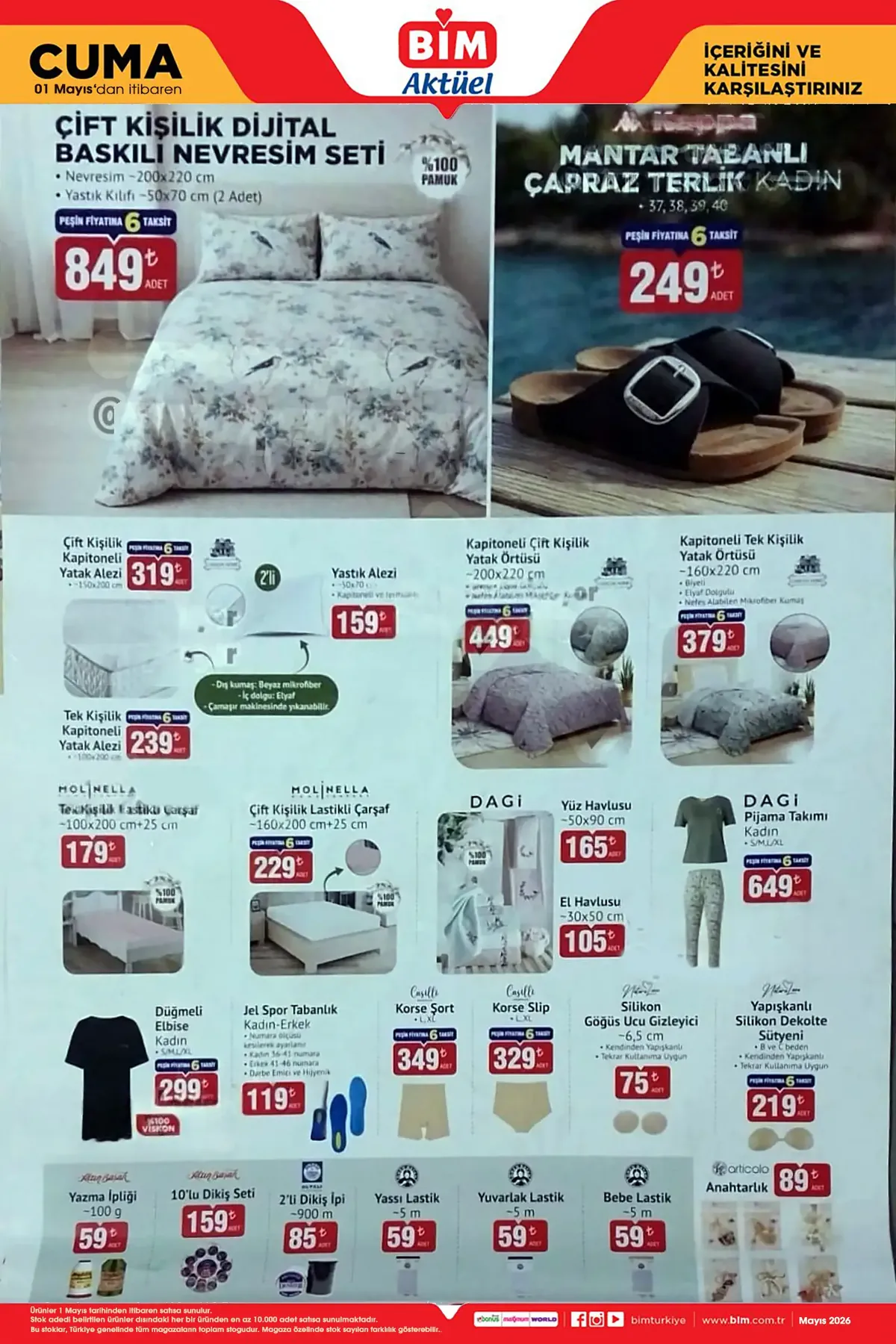 Bim BİM 1 Mayıs 2026 Aktüel Ürünler Kataloğu sayfa 5: Jel Spor Tabanlık Kadın-Erkek Numara Ölçüsü Kesilerek Ayarlanır, Kapitoneli Çift Kişilik Yatak Örtüsü