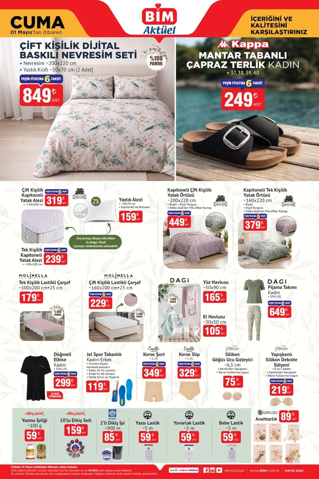 BİM BİM 1 Mayıs 2026 Aktüel Ürünler Kataloğu sayfa 5: Jel Spor Tabanlık Kadın-Erkek Numara Ölçüsü Kesilerek Ayarlanır, Kapitoneli Çift Kişilik Yatak Örtüsü
