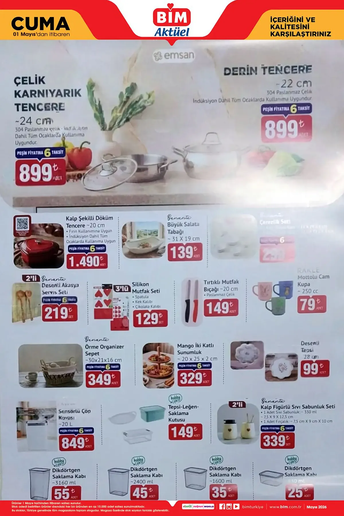 Bim BİM 1 Mayıs 2026 Aktüel Ürünler Kataloğu sayfa 6: Kalp Şekilli Döküm Tencere ~20 Cm, Genante Büyük Salata Tabağı ~31 X 19 Cm