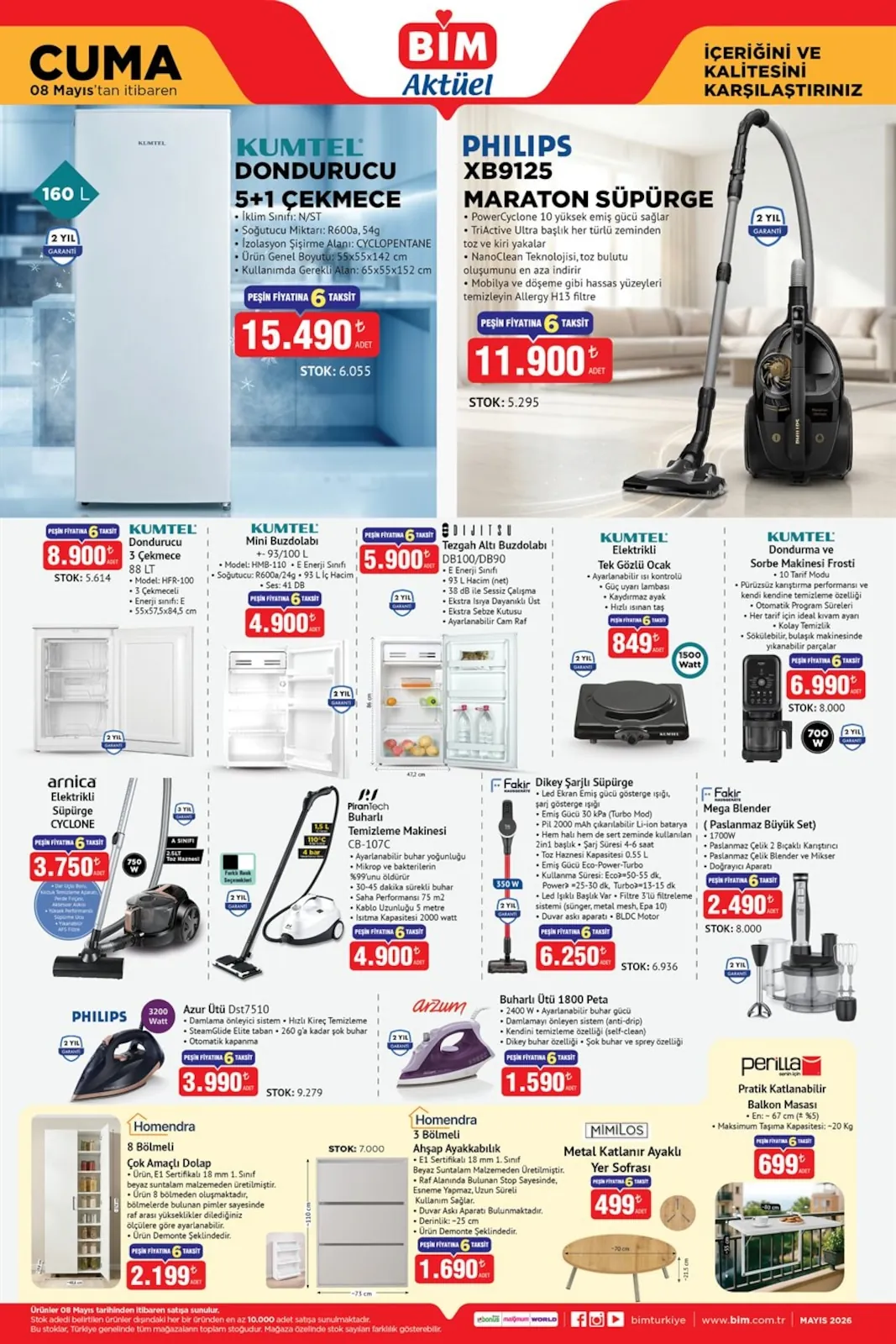 BİM Bim 8 Mayıs 2026 Aktüel Kataloğu sayfa 1: Tezgah Altı Buzdolabı Db100/Db90, Philips Maraton Süpürge Xb9125