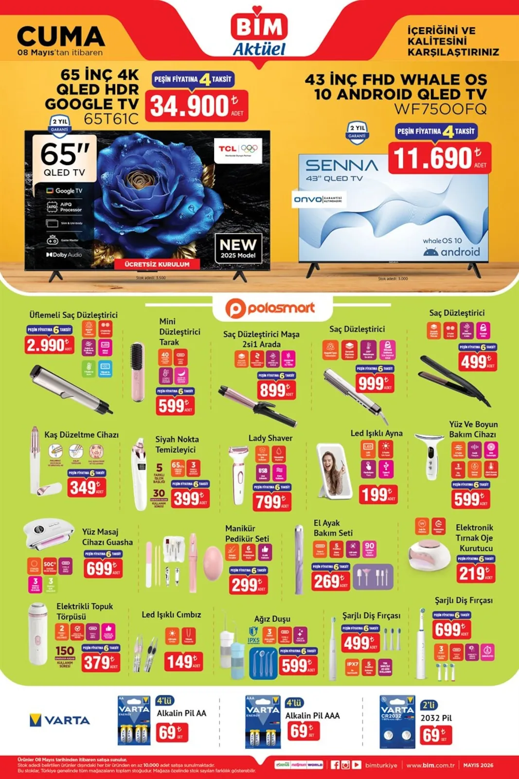 BİM Bim 8 Mayıs 2026 Aktüel Kataloğu sayfa 2: 65 İnç 4K Qled Hdr Google Tv 65T61C, Siyah Nokta Temizleyici
