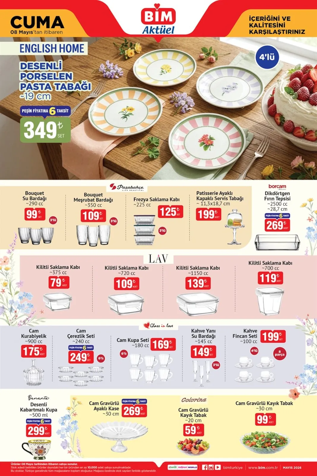BİM Bim 8 Mayıs 2026 Aktüel Kataloğu sayfa 6: Borcam Dikdörtgen Fırın Tepsisi 2500Cc, Patisserie Ayaklı Kapaklı Servis Tabağı