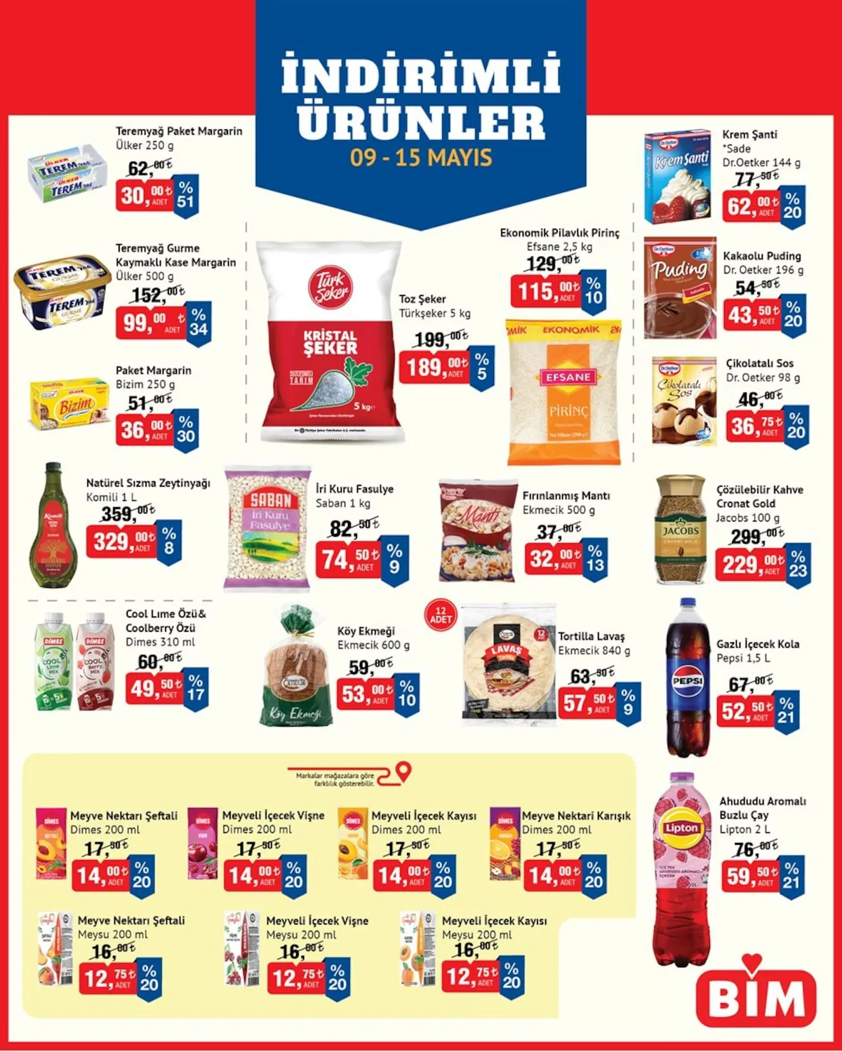 BİM Bim 9 Mayıs 2026 Aktüel Kataloğu sayfa 1: Teremyağ Gurme Kaymaklı Kase Margarin Ülker 500G, Teremyağ Paket Margarin Ülker 250G