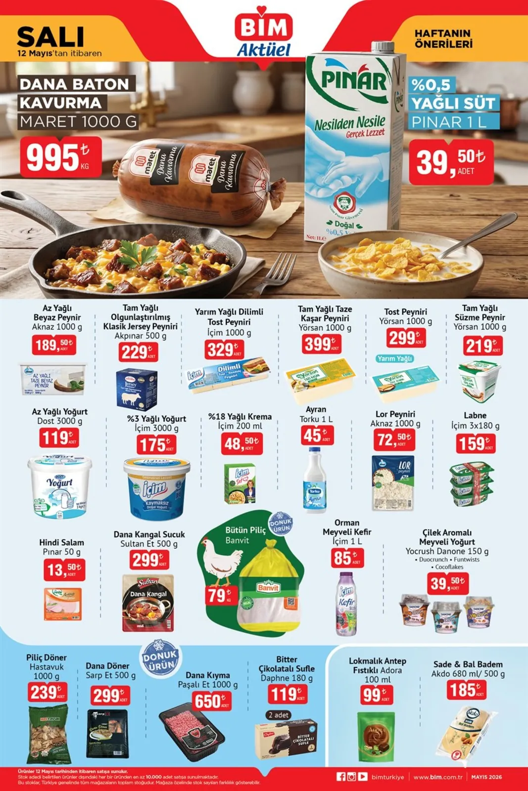 BİM Bim 12 Mayıs 2026 Aktüel Kataloğu sayfa 1: Yörsan Tam Yağlı Taze Kaşar Peyniri 1000 G, Aknaz Az Yağlı Beyaz Peynir 1000 G