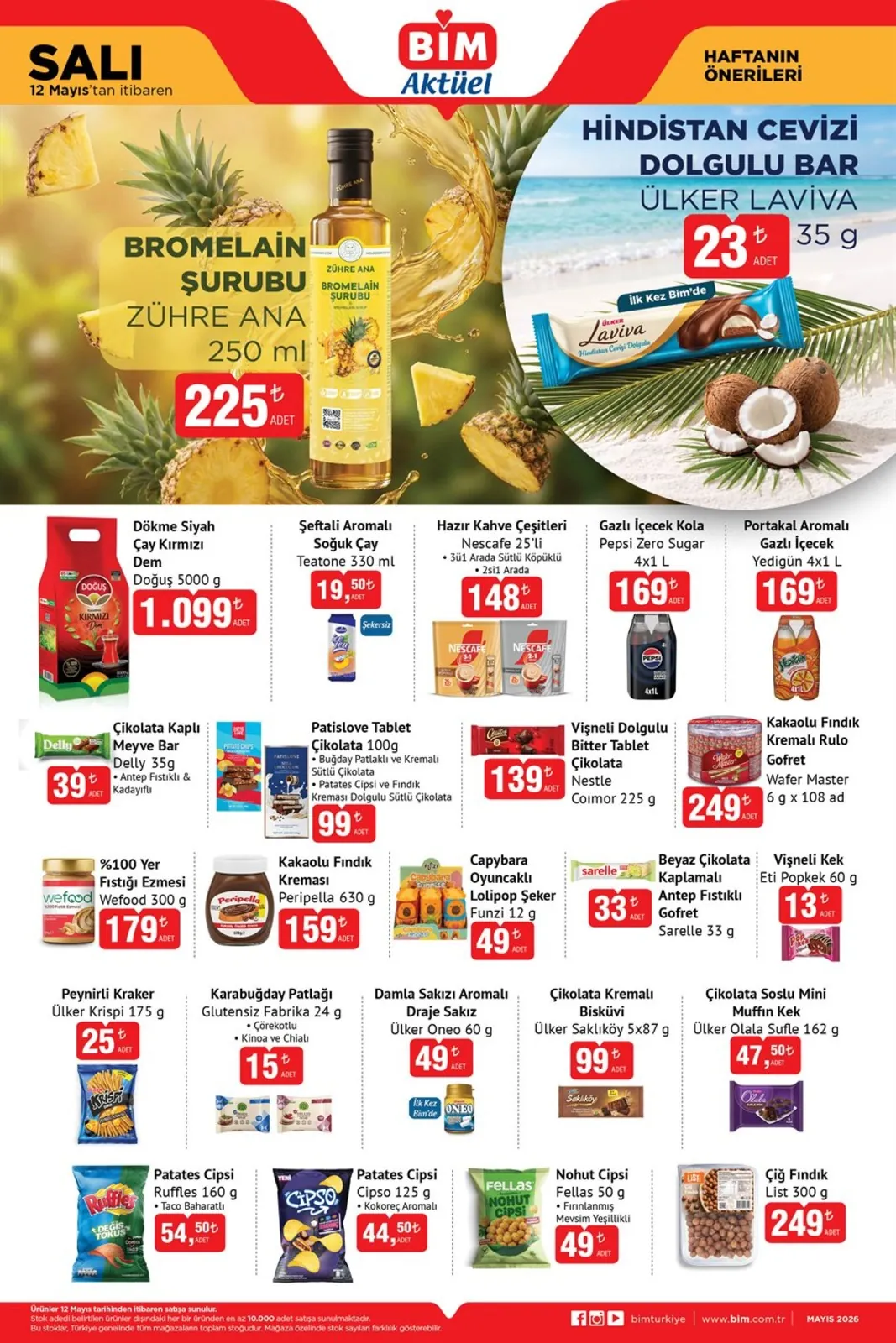 BİM Bim 12 Mayıs 2026 Aktüel Kataloğu sayfa 2: Nescafe Hazır Kahve Çeşitleri 25'Li, Doğuş Dökme Siyah Çay Kırmızı Dem 5000 G