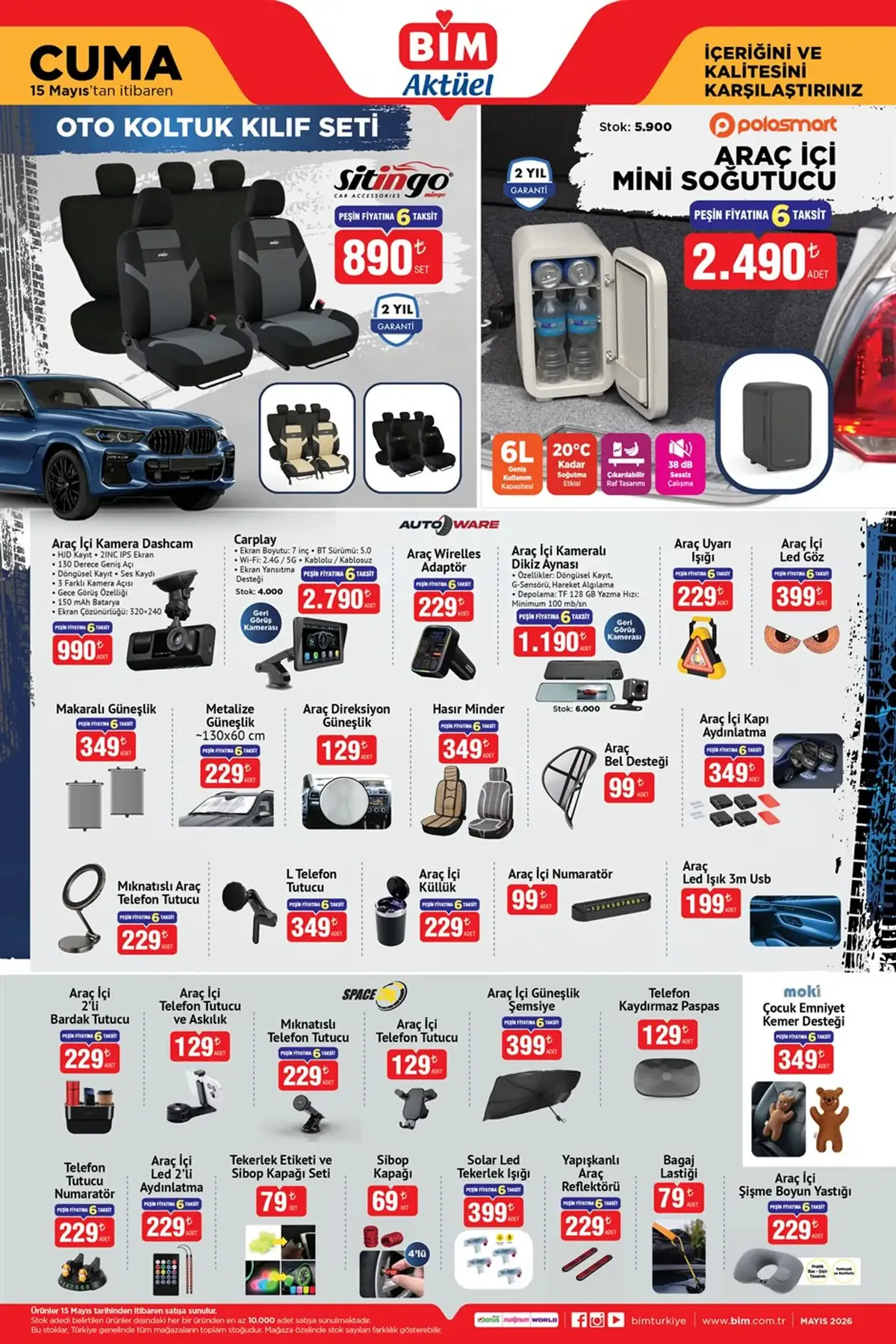 BİM BİM 15 Mayıs 2026 Aktüel Ürünler Kataloğu sayfa 3: Sibop Kapağı Set, Carplay Geri Görüş Kamerası