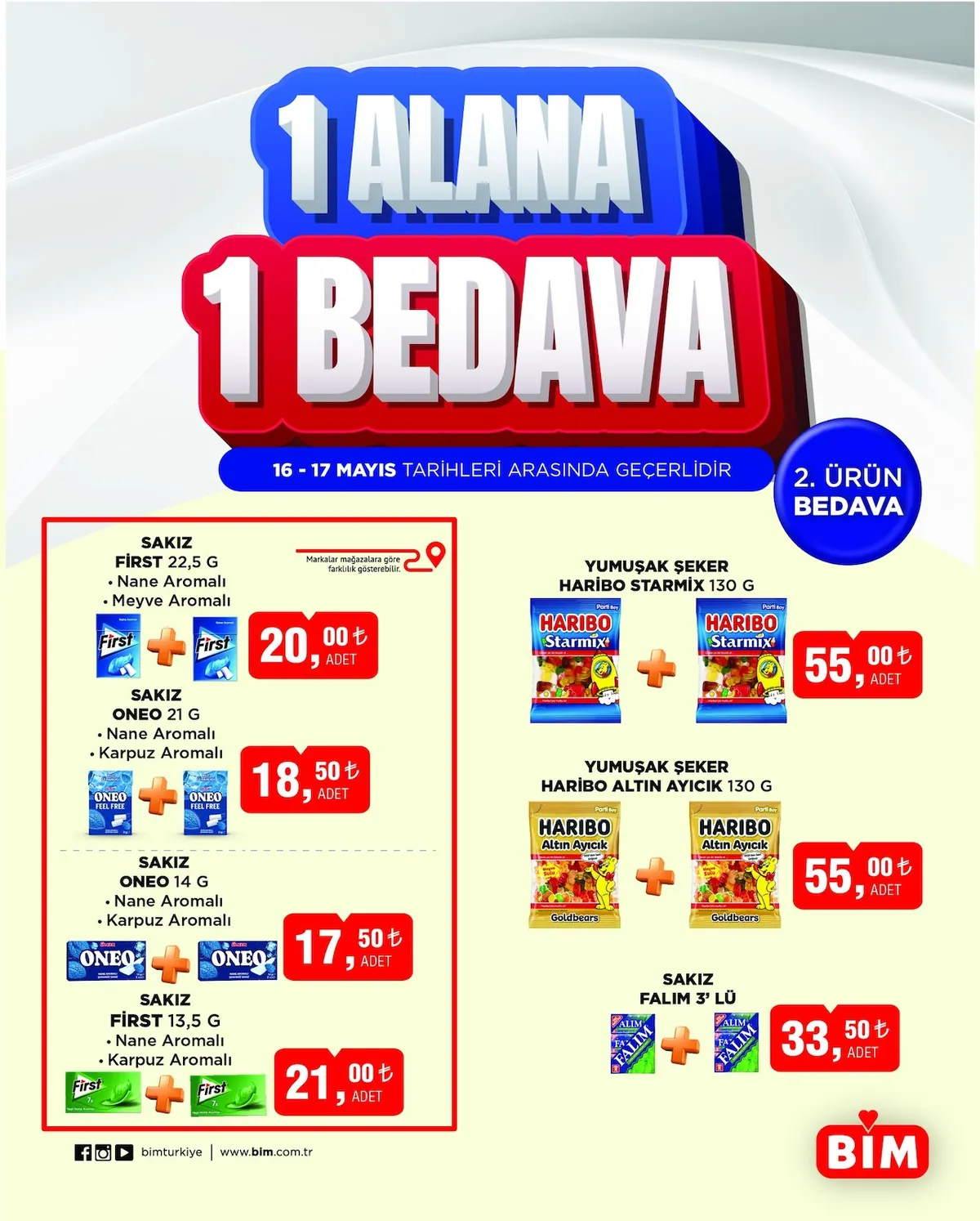 BİM Bim 16 Mayıs 2026 Aktüel Kataloğu sayfa 1: Haribo Starmix Yumuşak Şeker 2X130G, Haribo Altın Ayıcık Yumuşak Şeker 2X130G