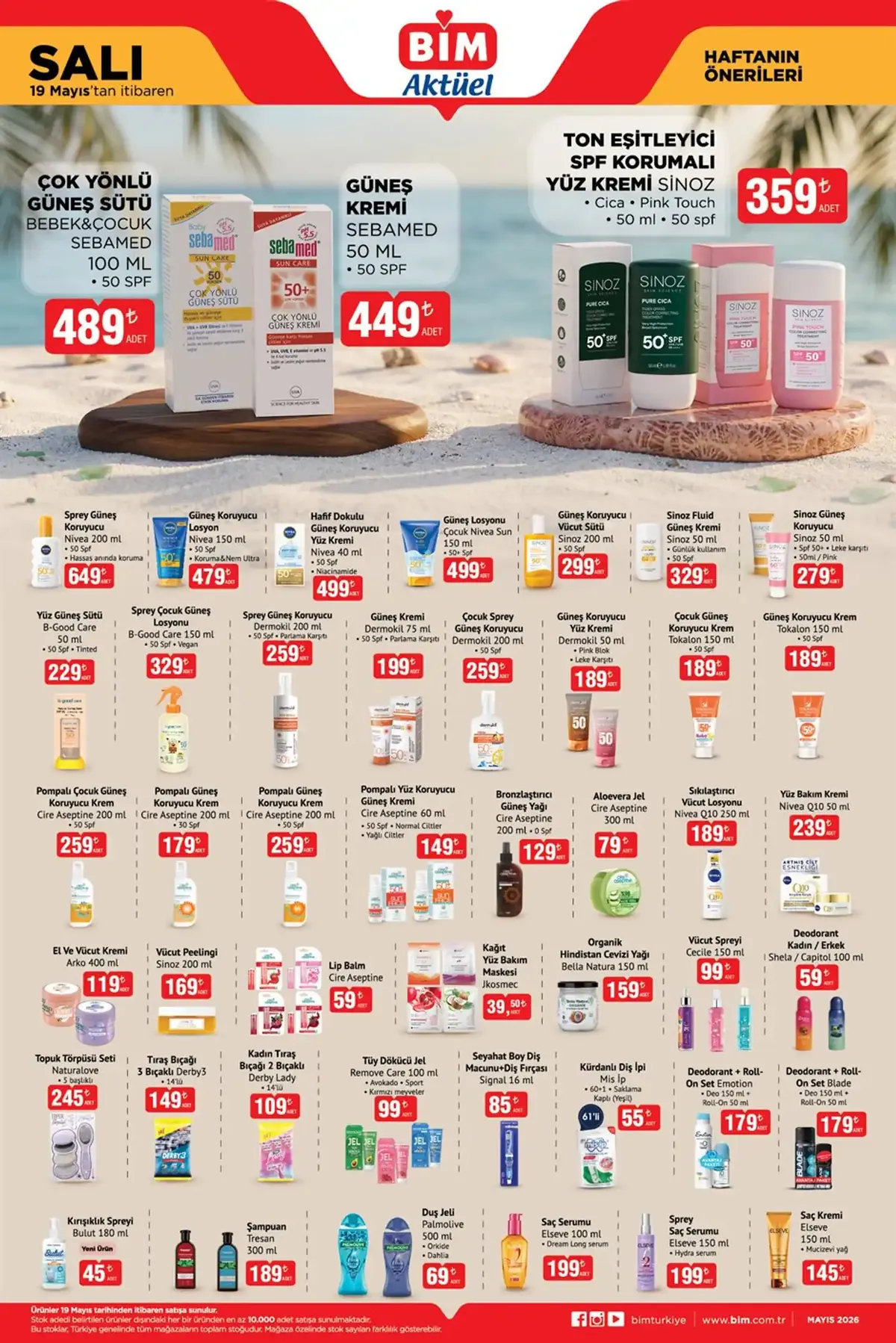 BİM BİM 19 Mayıs 2026 Aktüel Ürünler Kataloğu sayfa 1: Ton Eşitleyici Spf Korumalı Yüz Kremi Sinoz Cica Pink Touch 50Ml, Pompalı Çocuk Güneş Koruyucu Krem Cire Aseptine 200Ml