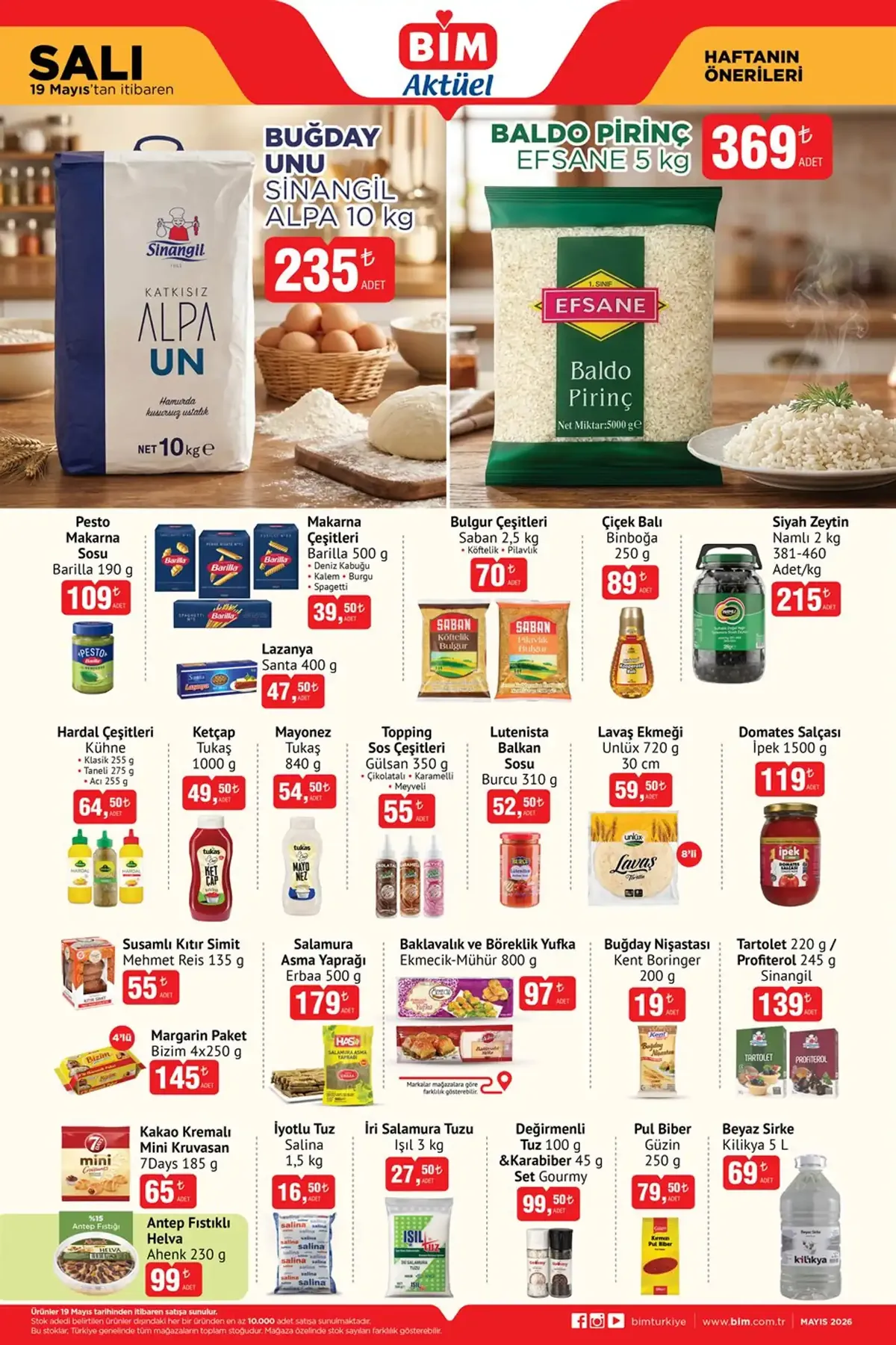 BİM BİM 19 Mayıs 2026 Aktüel Ürünler Kataloğu sayfa 2: Sinangil Alpa Un 10 Kg, Saban Bulgur Cesitleri 2,5 Kg