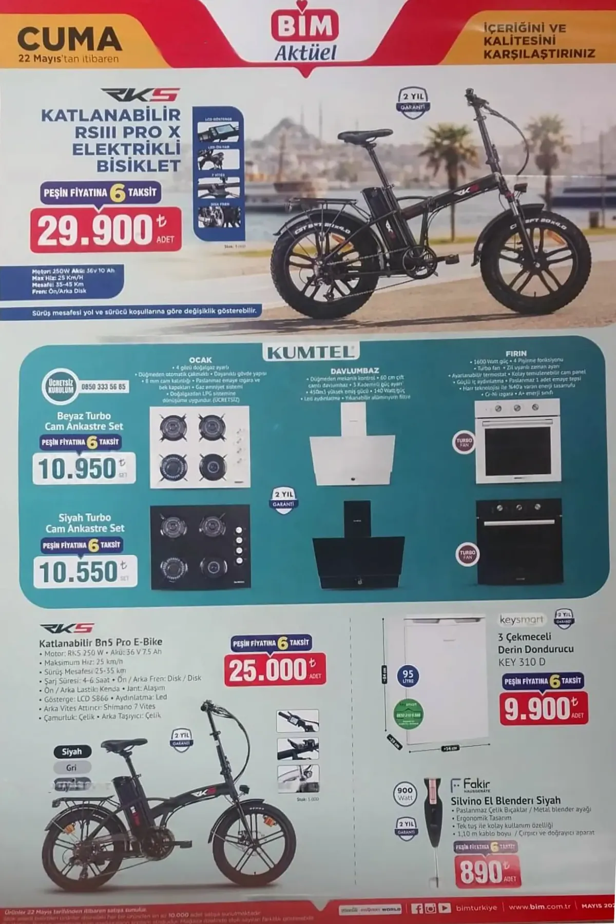 BİM BİM 22 Mayıs 2026 Aktüel Ürünler Kataloğu sayfa 2: Keysmart 3 Çekmeceli Derin Dondurucu Key 310 D 95 Litre, Rks Katlanabilir Bn5 Pro E-Bike